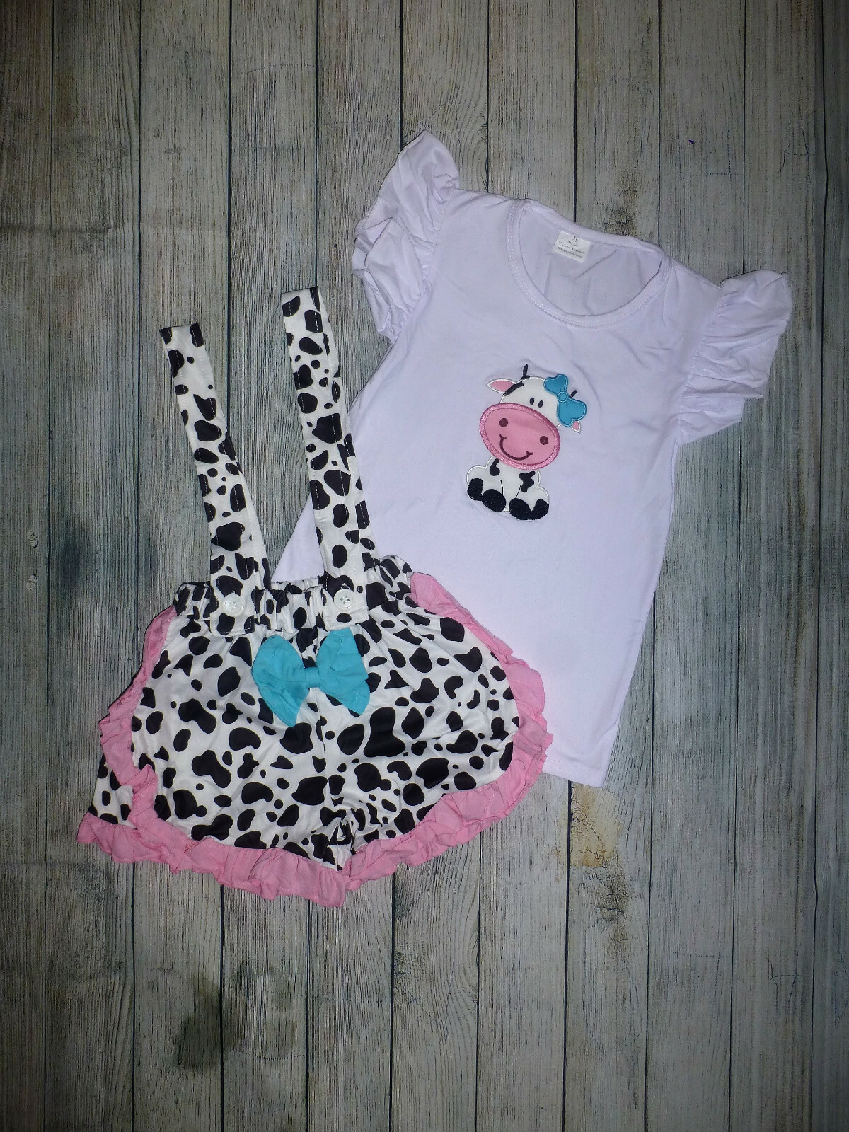 NEW Boutique Cow Ruffle Shirt Suspender Shorts Girls Outfit Set