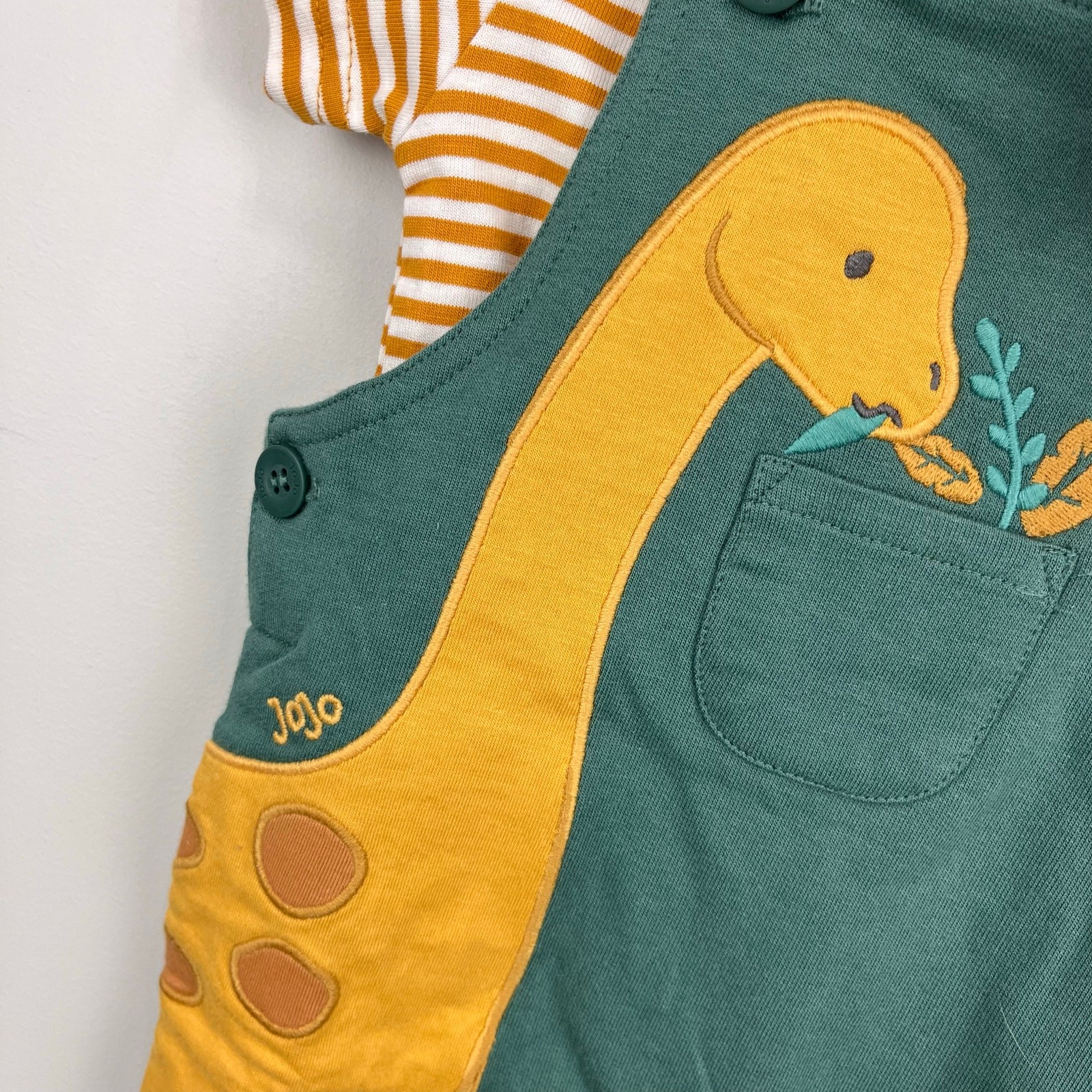 JoJo Maman Bebe Khaki Diplodocus Appliqué Dungarees & T-Shirt Set 3-6 Months NWT