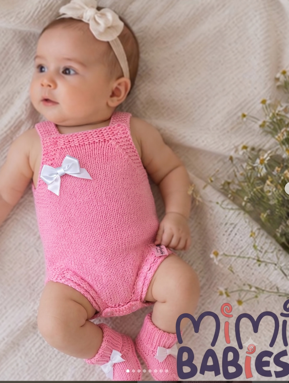 Handmade Knit Baby Girl Romper Bodysuit & Booties Set Pink Cotton Clothes 0-6M
