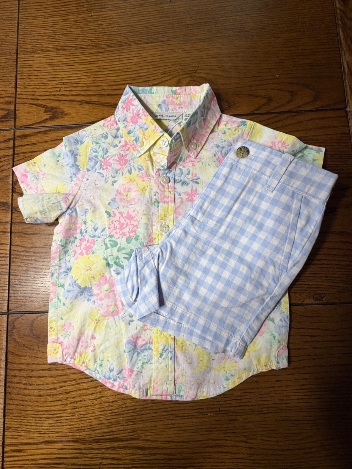 NWT Janie And Jack Flower Show Floral Poplin Shirt & Blue Shorts Sz 12-18 Months