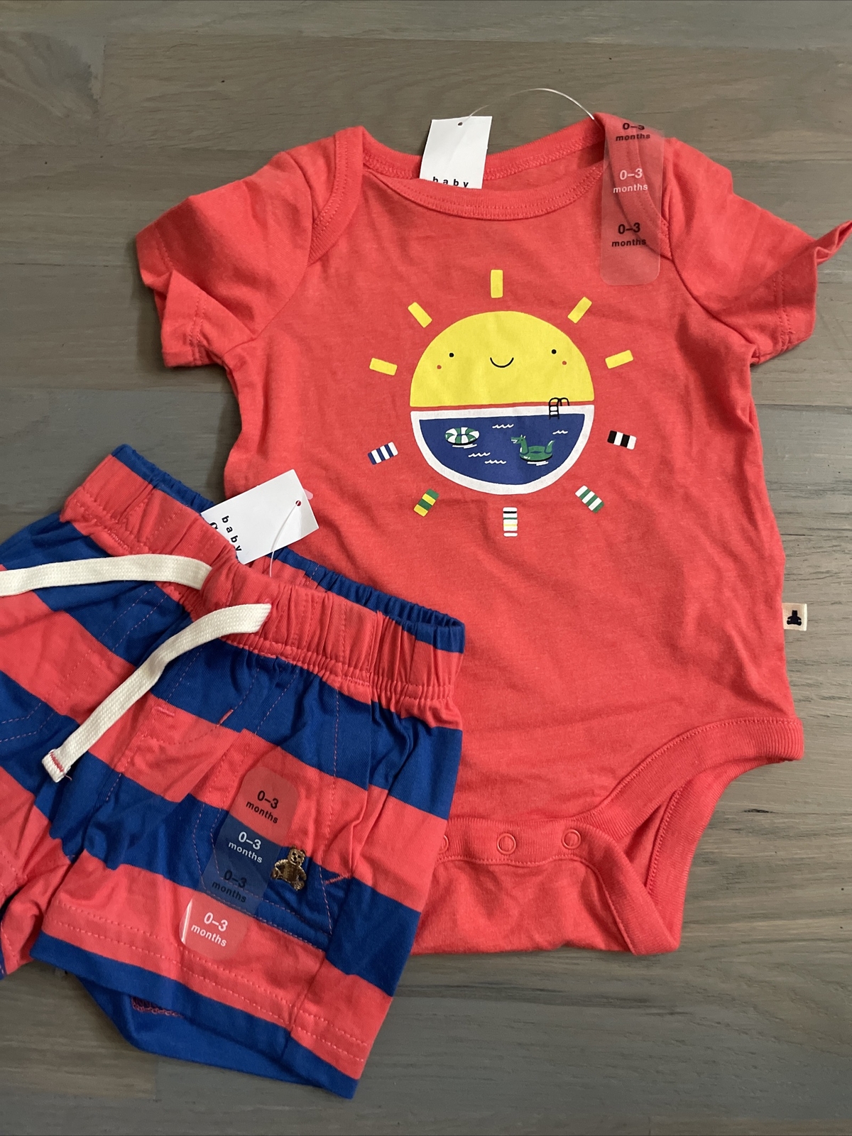 NWT Baby Gap boy 2-piece SPRING SUMMER orange blue striped sun pool SET 0 3