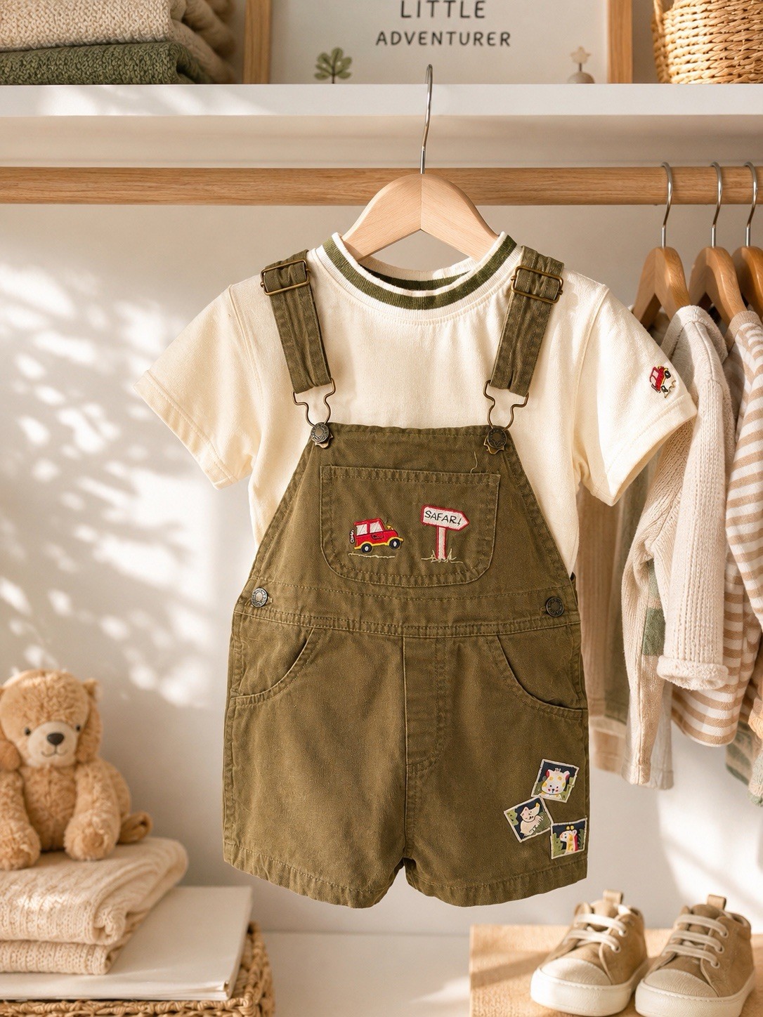 VTG Miniwear 3T Safari Shortall Outfit Set Embroidered Animal Jeep Toddler