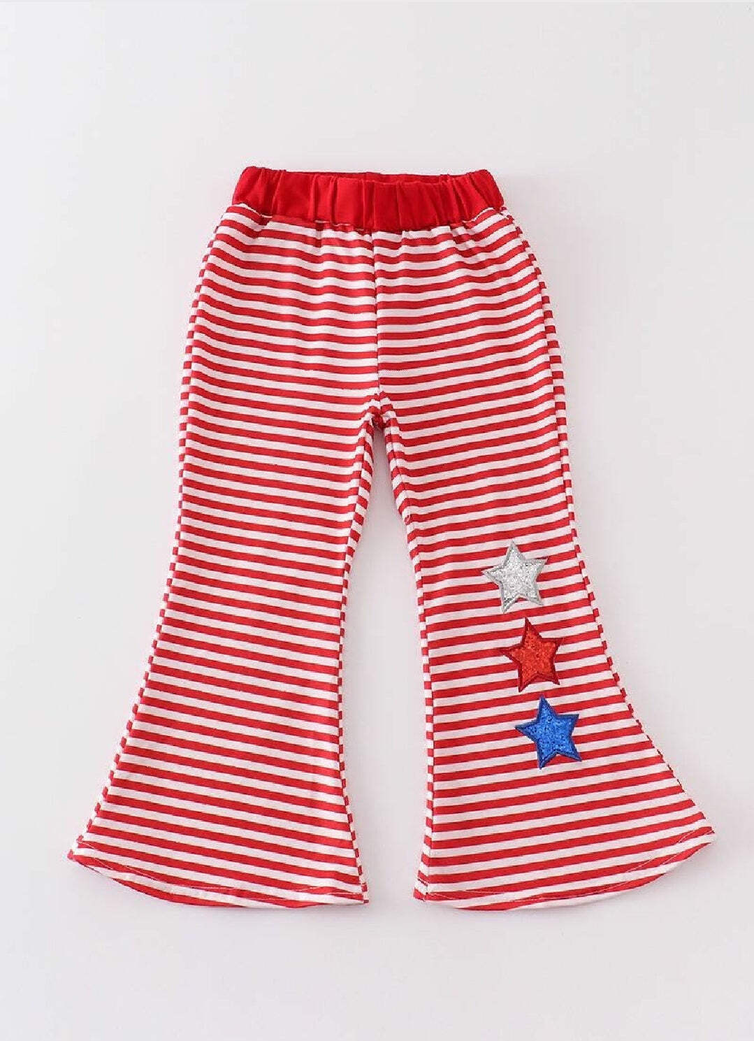 Girl’s Boutique Patriotic Flag And Stars Sequin Bell Bottom Pants 4th Of July Ma