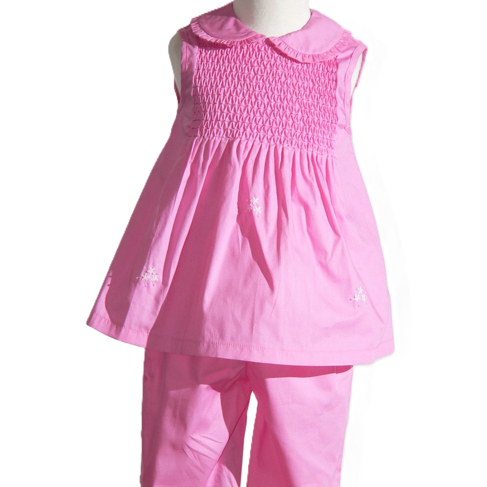 Pink Geometric Smocked Sleeveless Top and Ruffle Pants Set