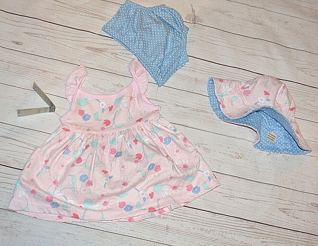 3 PCS GERBER ORGANIC COTTON BABY GIRL OUTFIT SET 3 – 6 MONTHS PINK DRESS SUN CAP