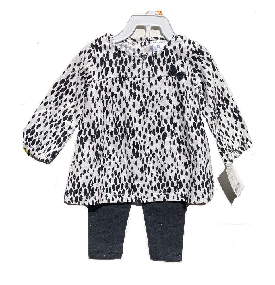 Carters Baby Girls 2pc Outfit Pants Blouse Top Dots Black White Glitter 12 Month