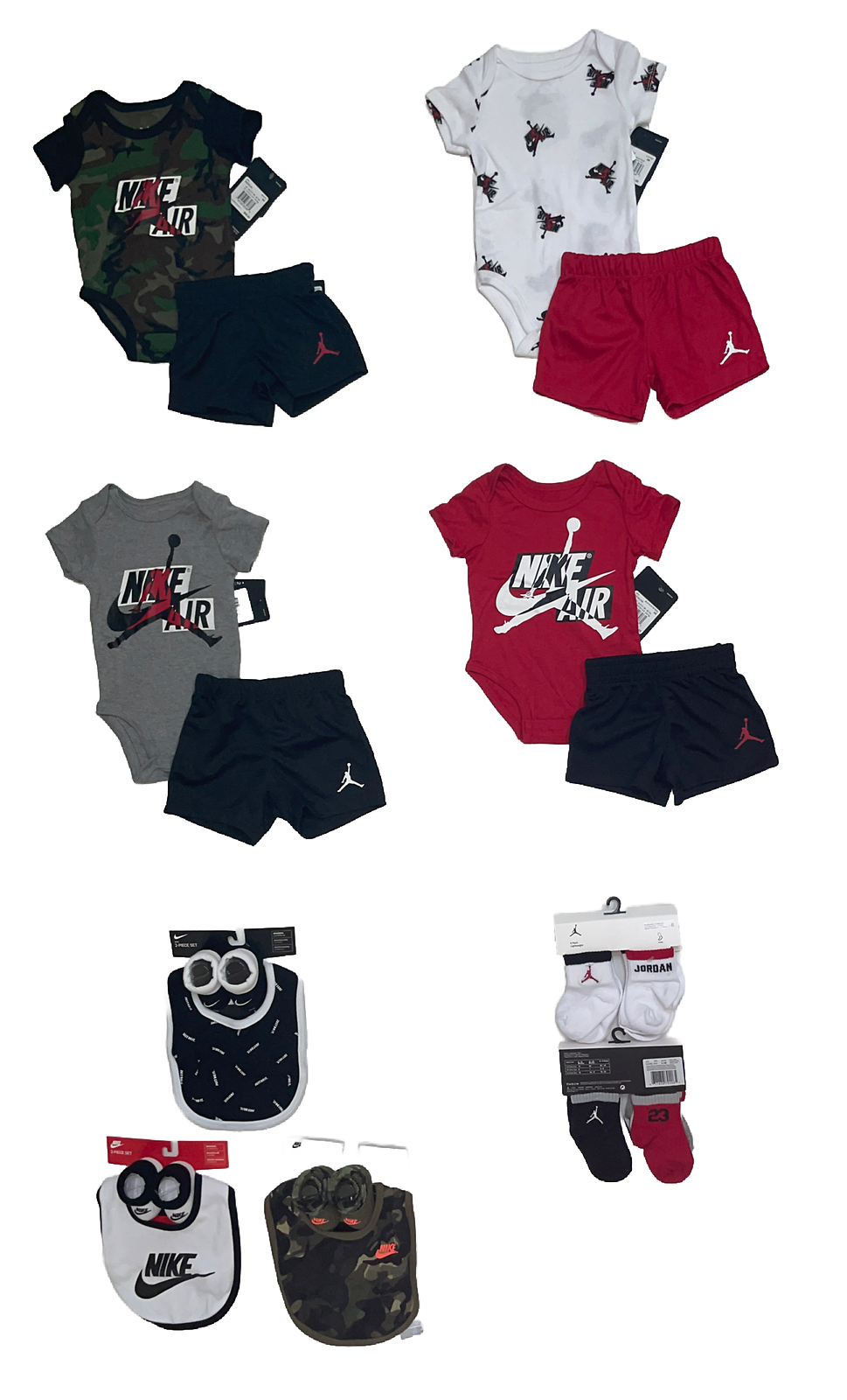 NIKE AIR JORDAN Baby Bodysuit & Shorts Set 2-4 PC W/Socks or Bib Set Sz 0-3M-9M