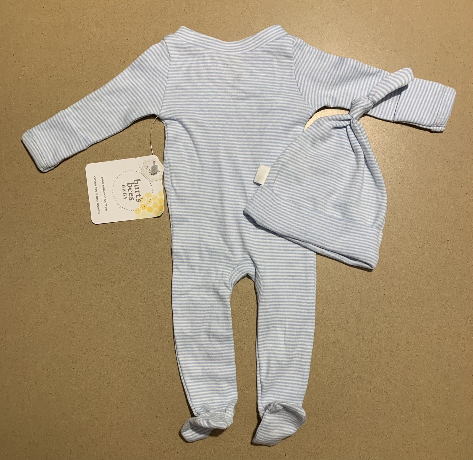 Burt’s Bees Micro Stripe Organic Cotton Jumpsuit Knot Hat Set Newborn Blizzard