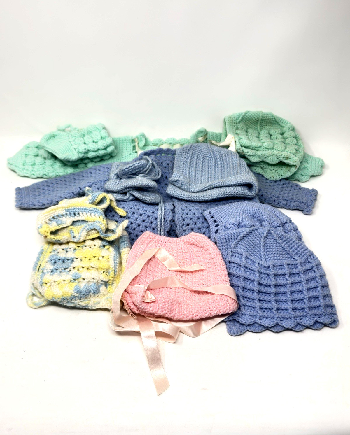 Handmade Crocheted Baby or Doll Sweaters Caps Booties Mixed Lot of 10