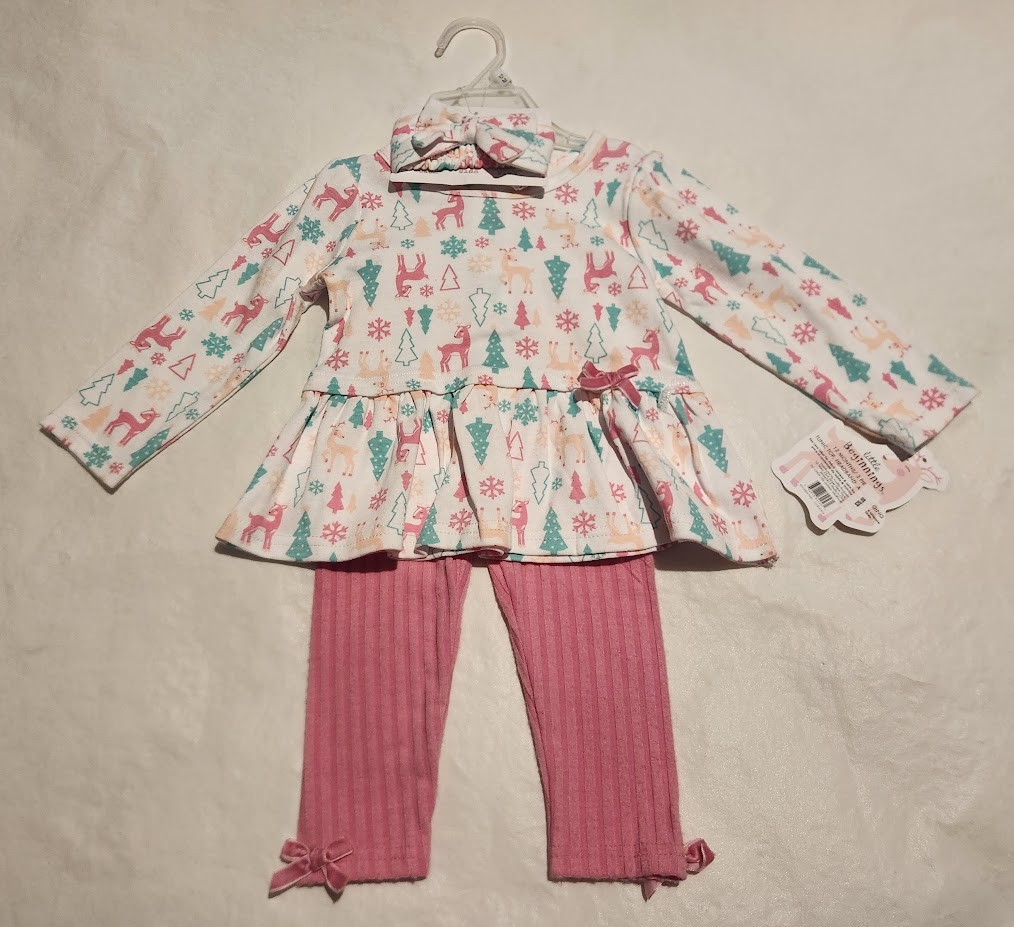 NWT Little Beginnings Reindeer Christmas Outfit 3PC Set 12 Months Baby Girl
