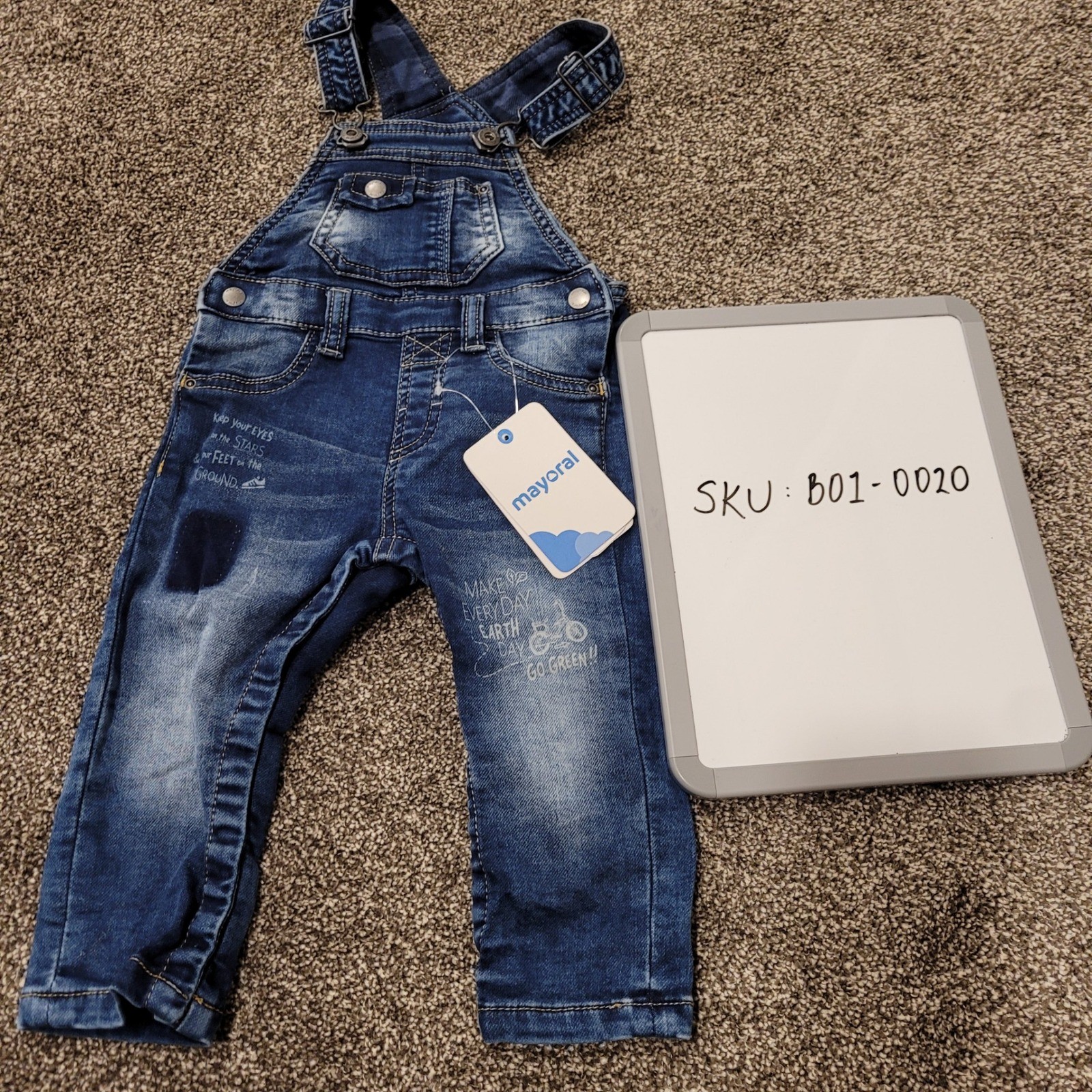 Mayoral Baby Denim Overalls Graphic Print Adjustable Straps Size 9 Months NWT