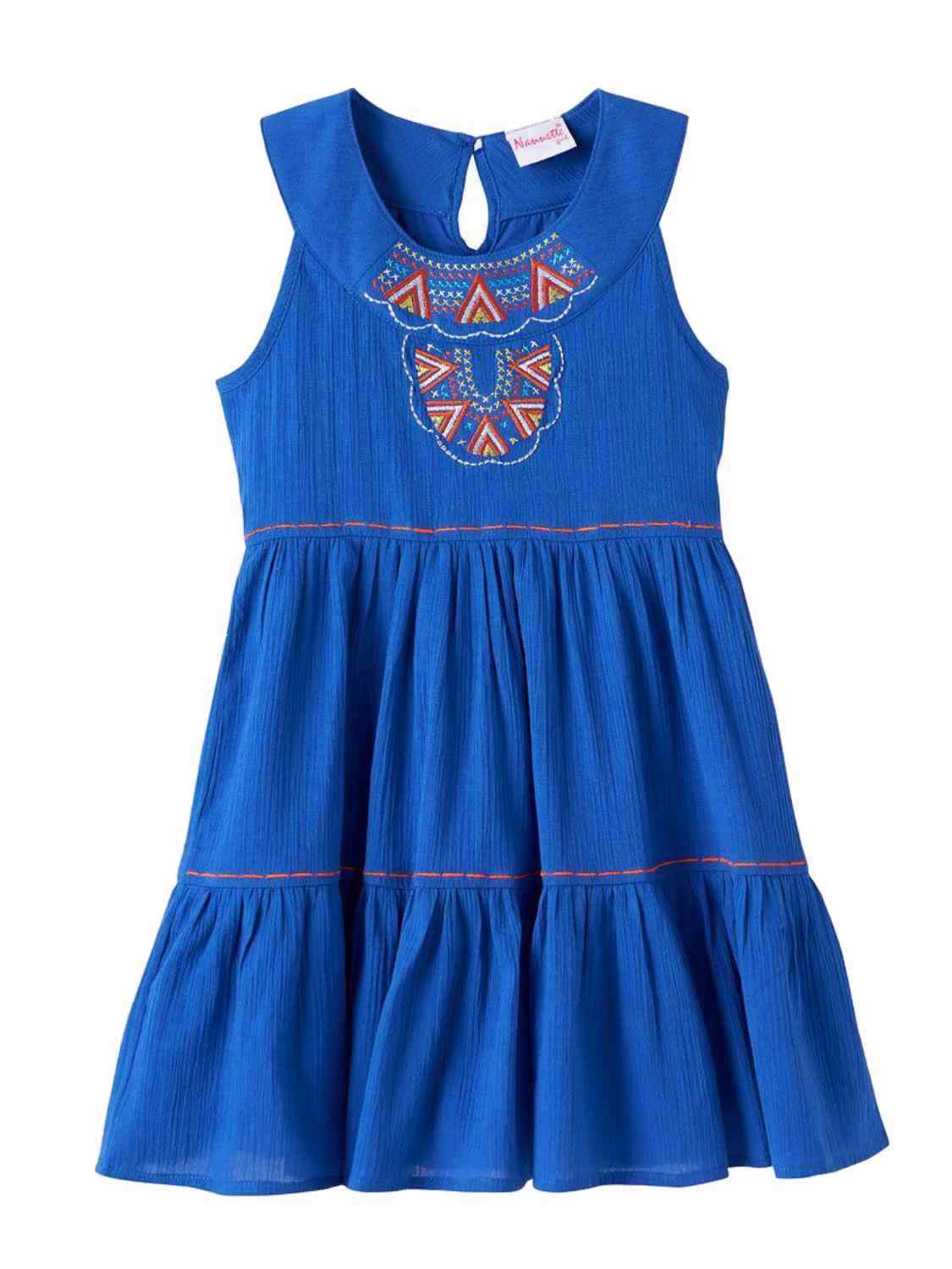 Girls Blue Aztec Print Emroidered Sleeveless Tiered Summer Dress 5