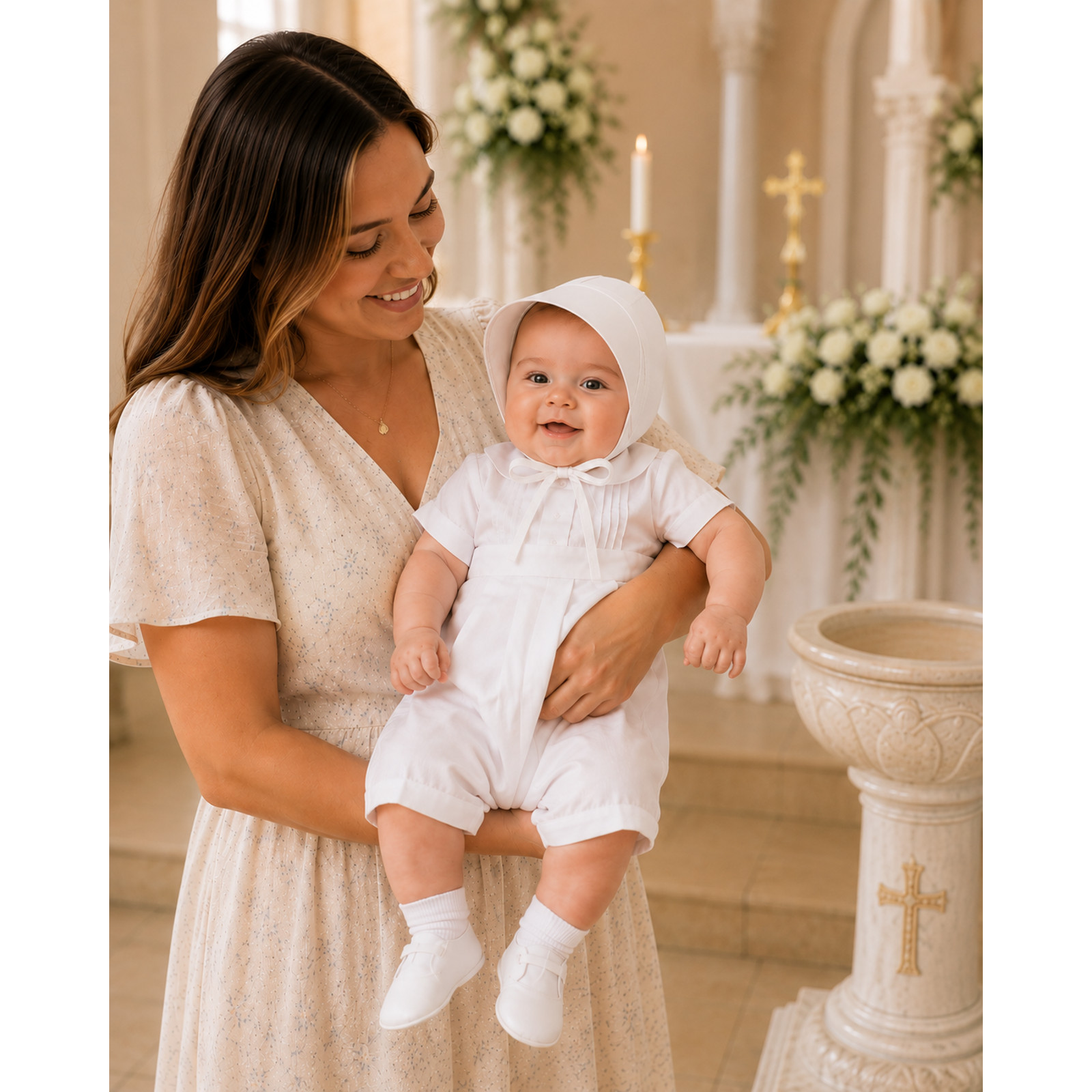 Boys Christening/Baptism Outfit with Cap Brim Bonnet -Poly/Cotton – Size 24M NEW