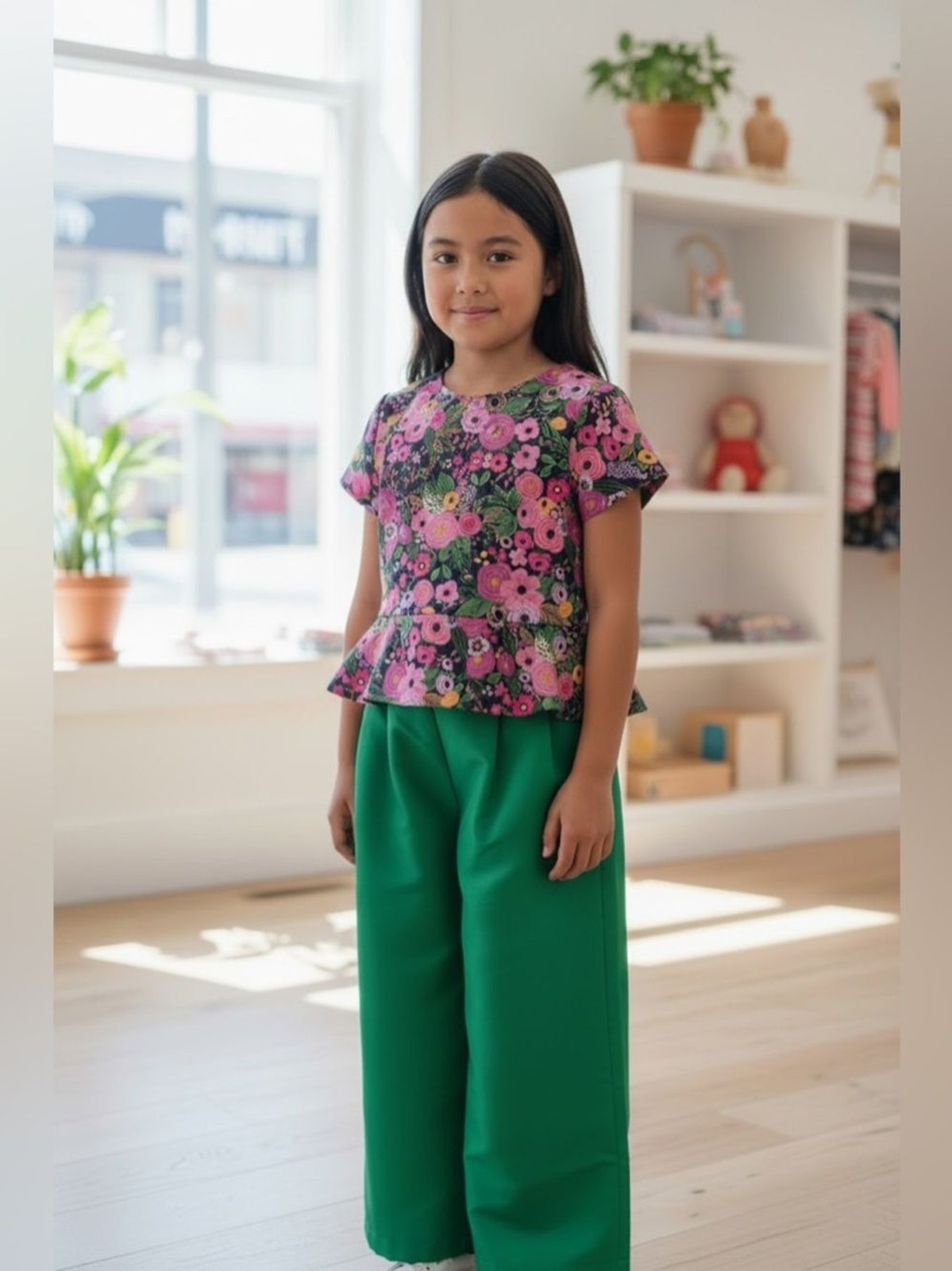 Mama luma girls boutique Green Floral Peplum Top with Matching Wide-Leg Pants