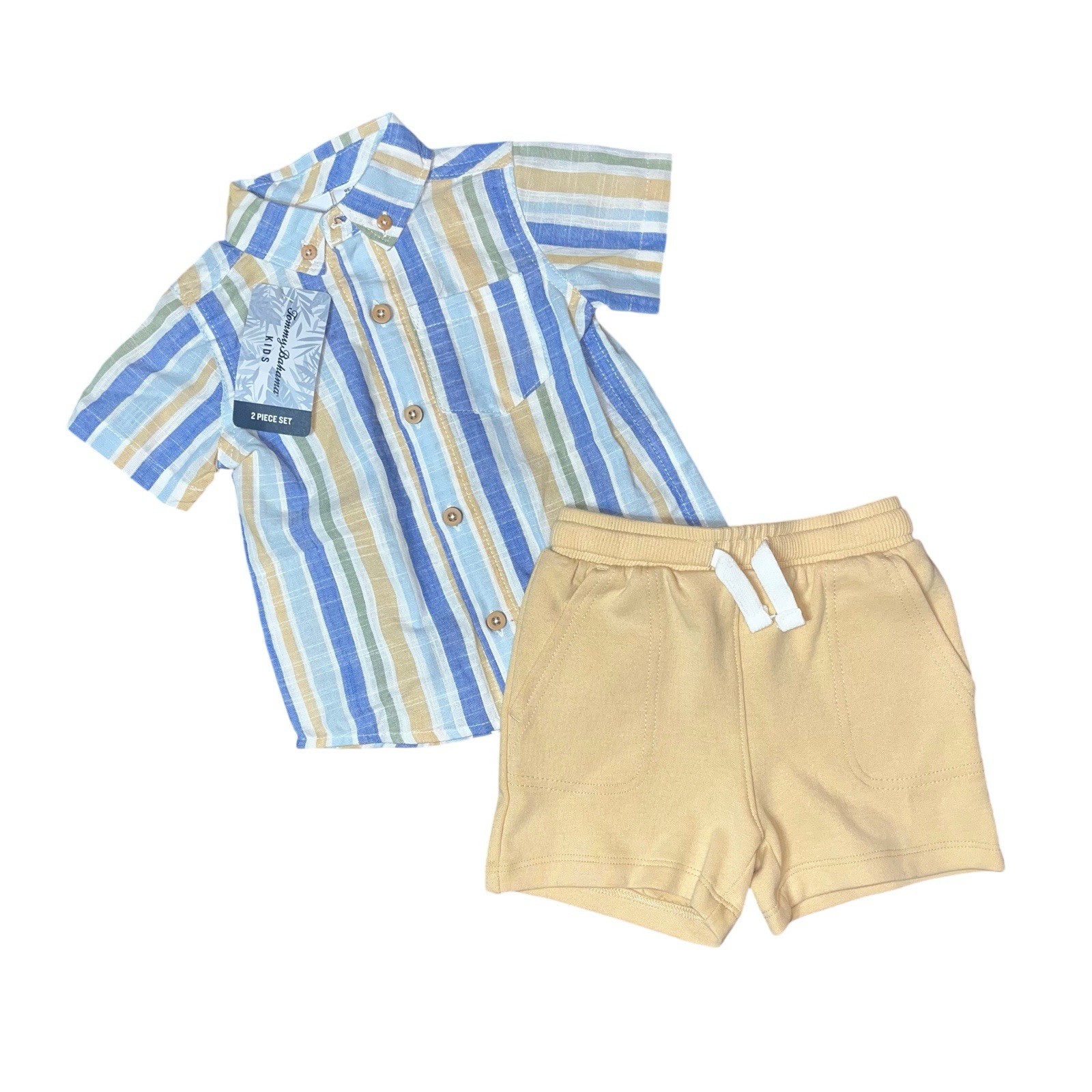 Tommy Bahama Khaki Blue Linen Collar Button Up Shirt Shorts Pull On Set NWT 12mo