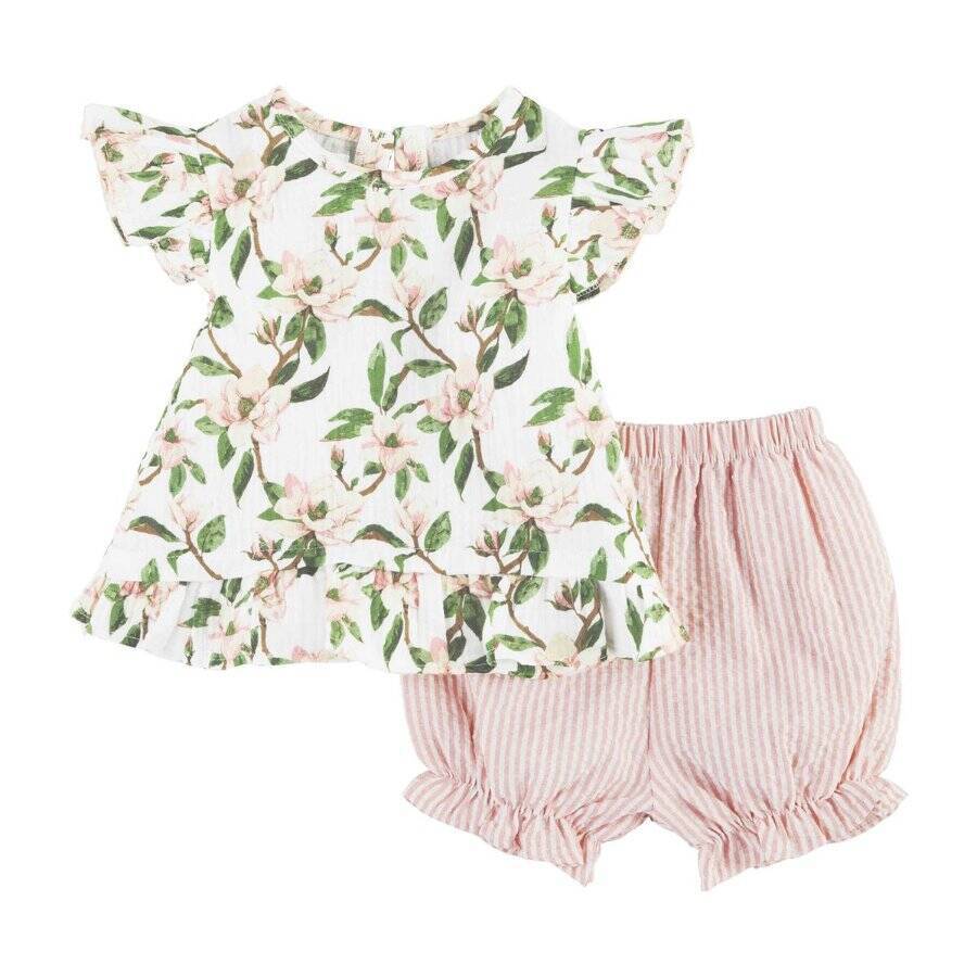 Mud Pie Fresh Picked Magnolia Pink Seersucker Short Set 12-18M 24M/2T-3T 4T-5T