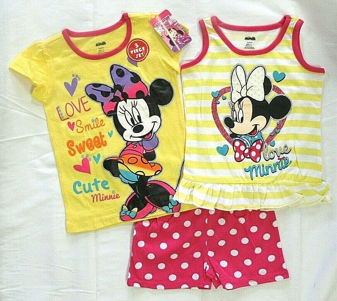 3pc NWT DISNEY Minnie Mouse Girl’s Tee Tank Shorts Set Yellow Stripes Sz 5