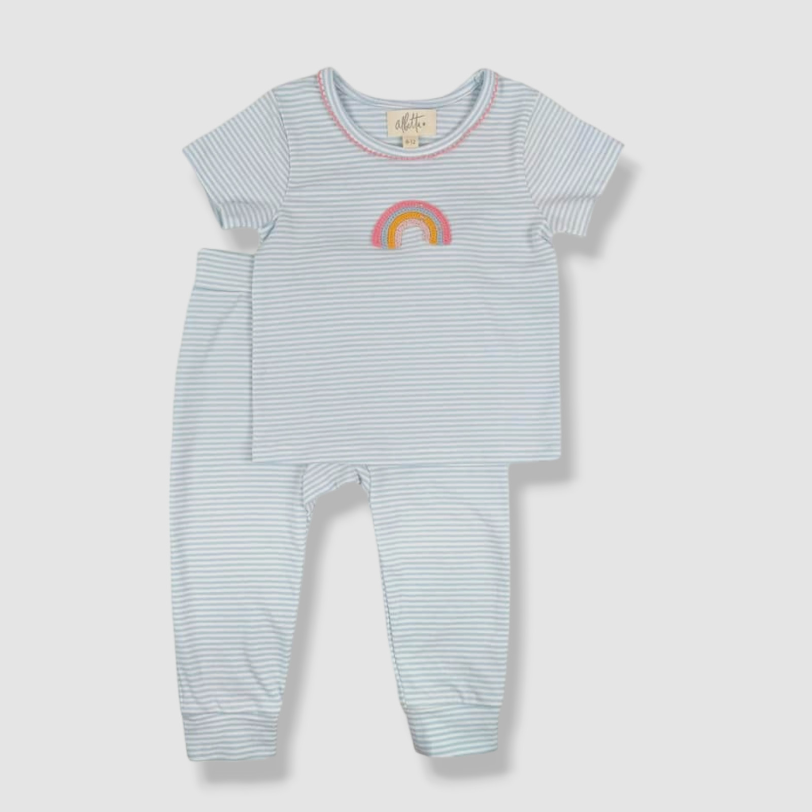 $70 Albetta Baby Girl’s Blue Striped Two-Piece Rainbow Applique Set Size 18-24M