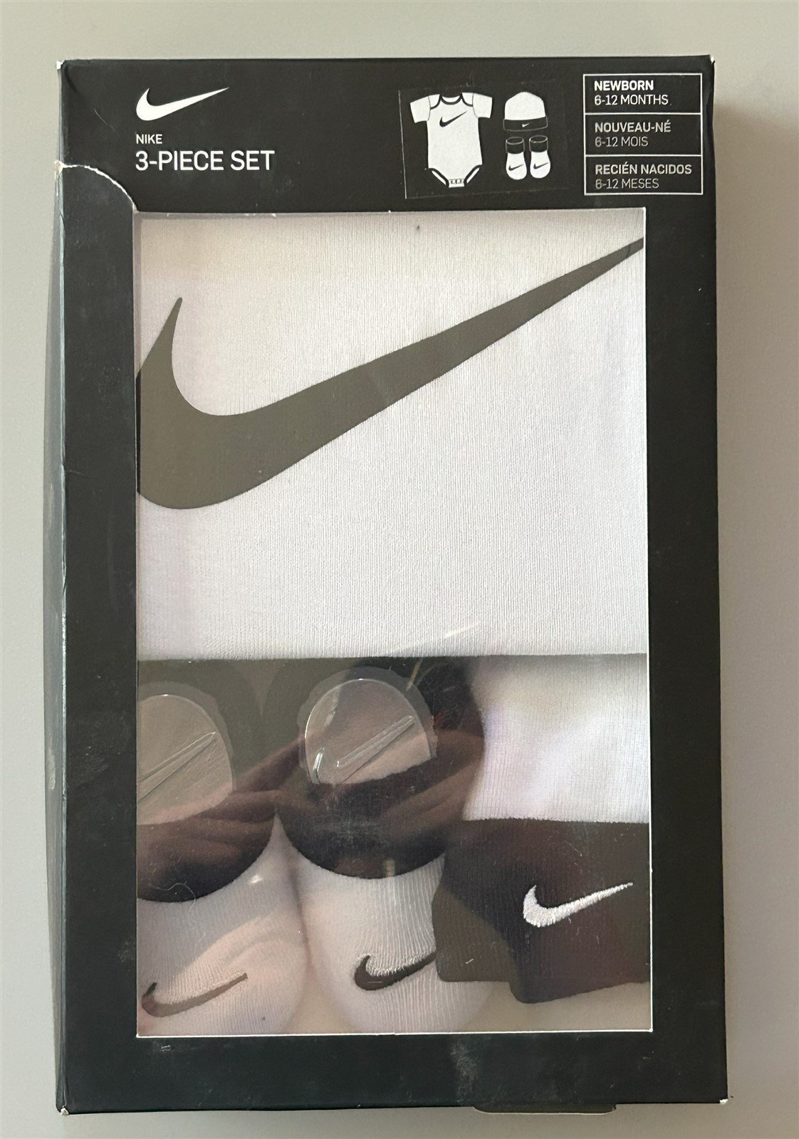 Nike Baby Bodysuit Hat Booties, 3 Pc Gift Box Set White Swoosh 6-12 Months