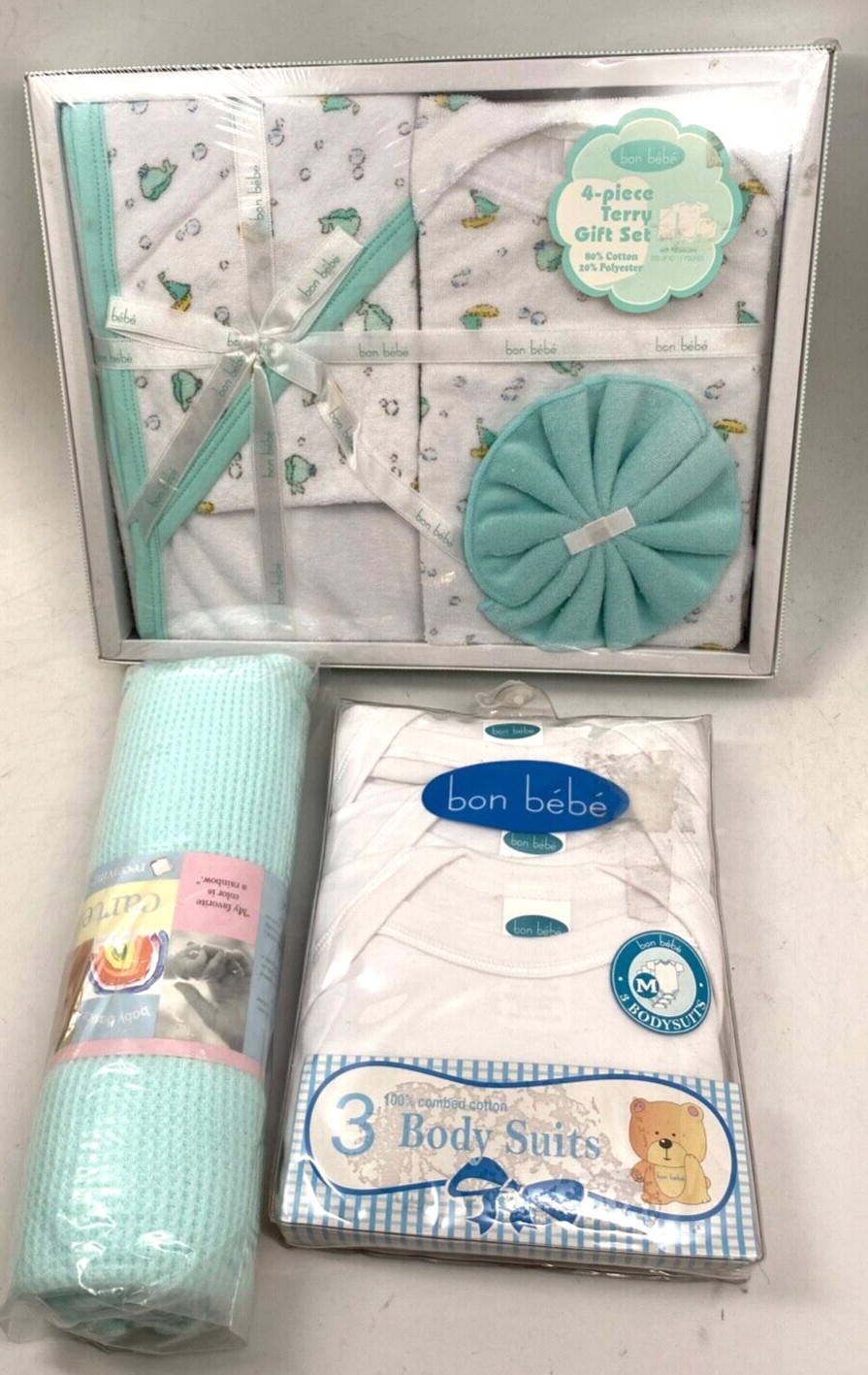 NIB Bon Bebe 4 Piece Terry Gift Set , Bodysuits , Blanket – Teal Color Boy Girl