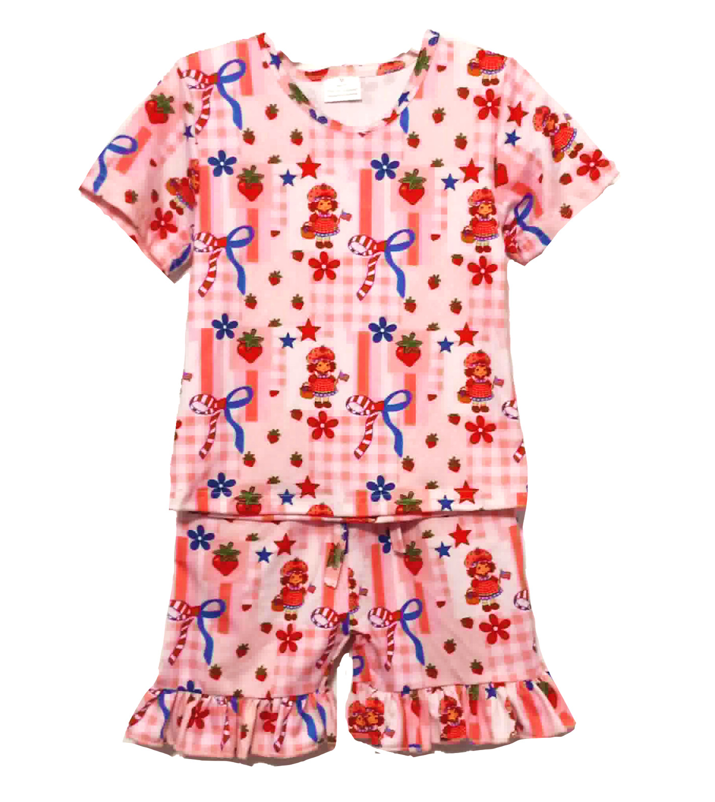 New Boutique Girls Strawberry Character Shorts Set Size 4T Ruffle Patriotic