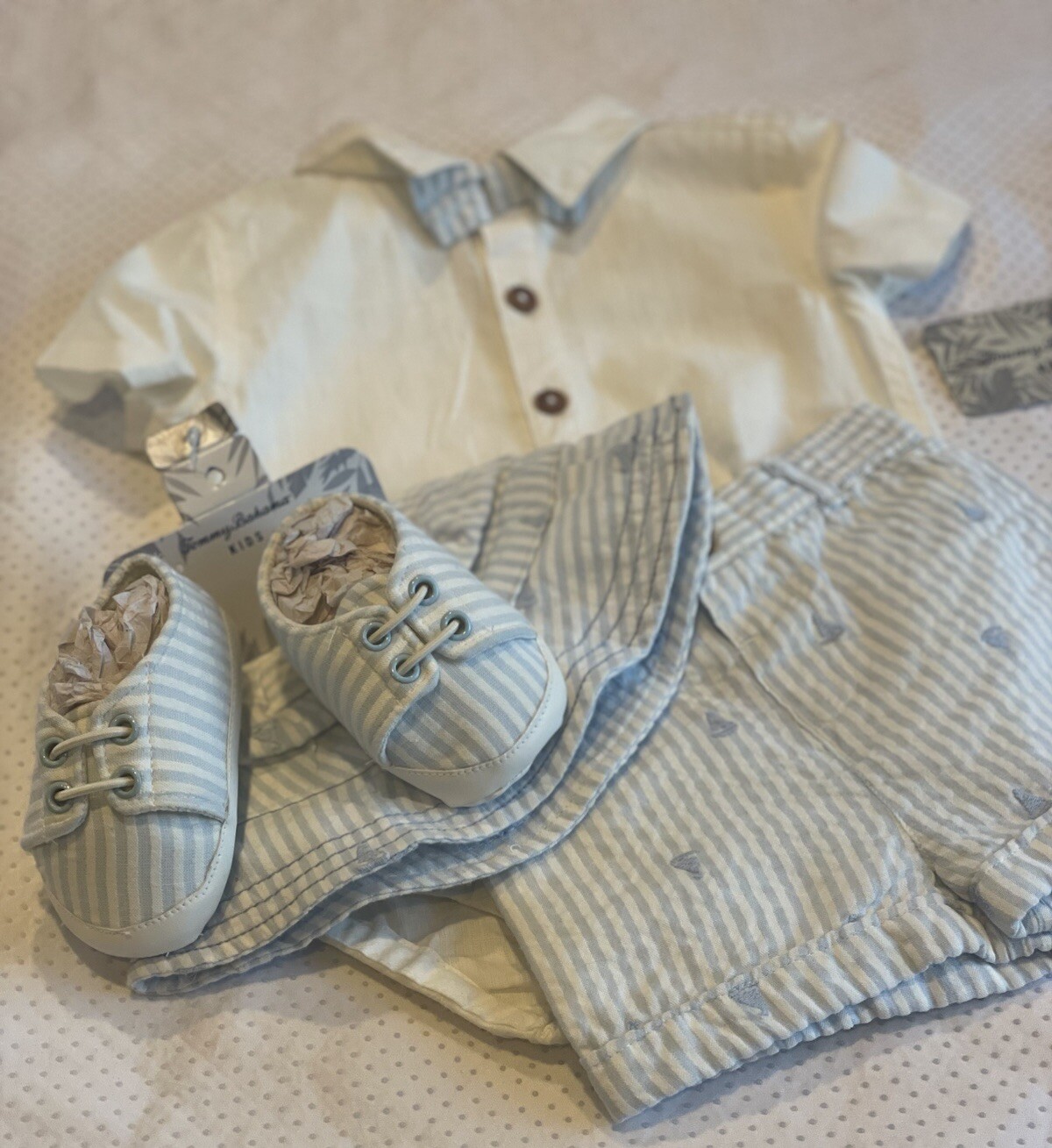 TOMMY BAHAMA KIDS 6-9mo 3pc ensemble: Snap SS Shirt & Shorts•Hat•Crib Shoes NWT