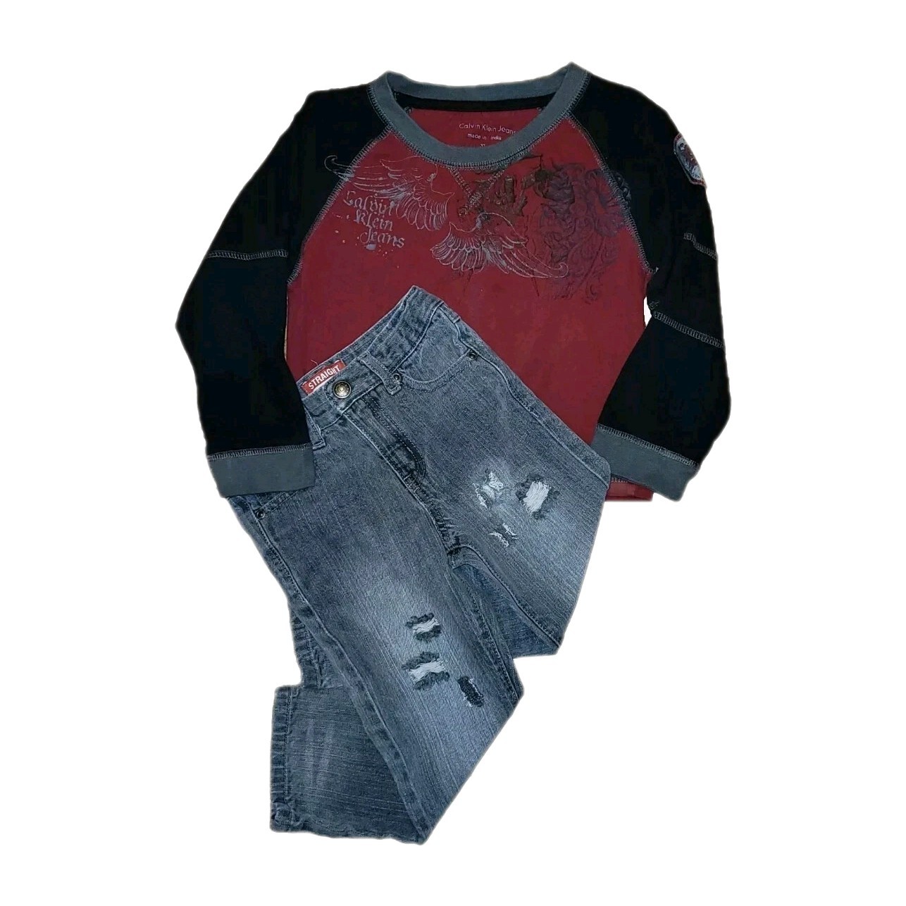3T Calvin Klein Long Sleeve Raglan Tshirt And Straight Leg Gray Distressed Jeans