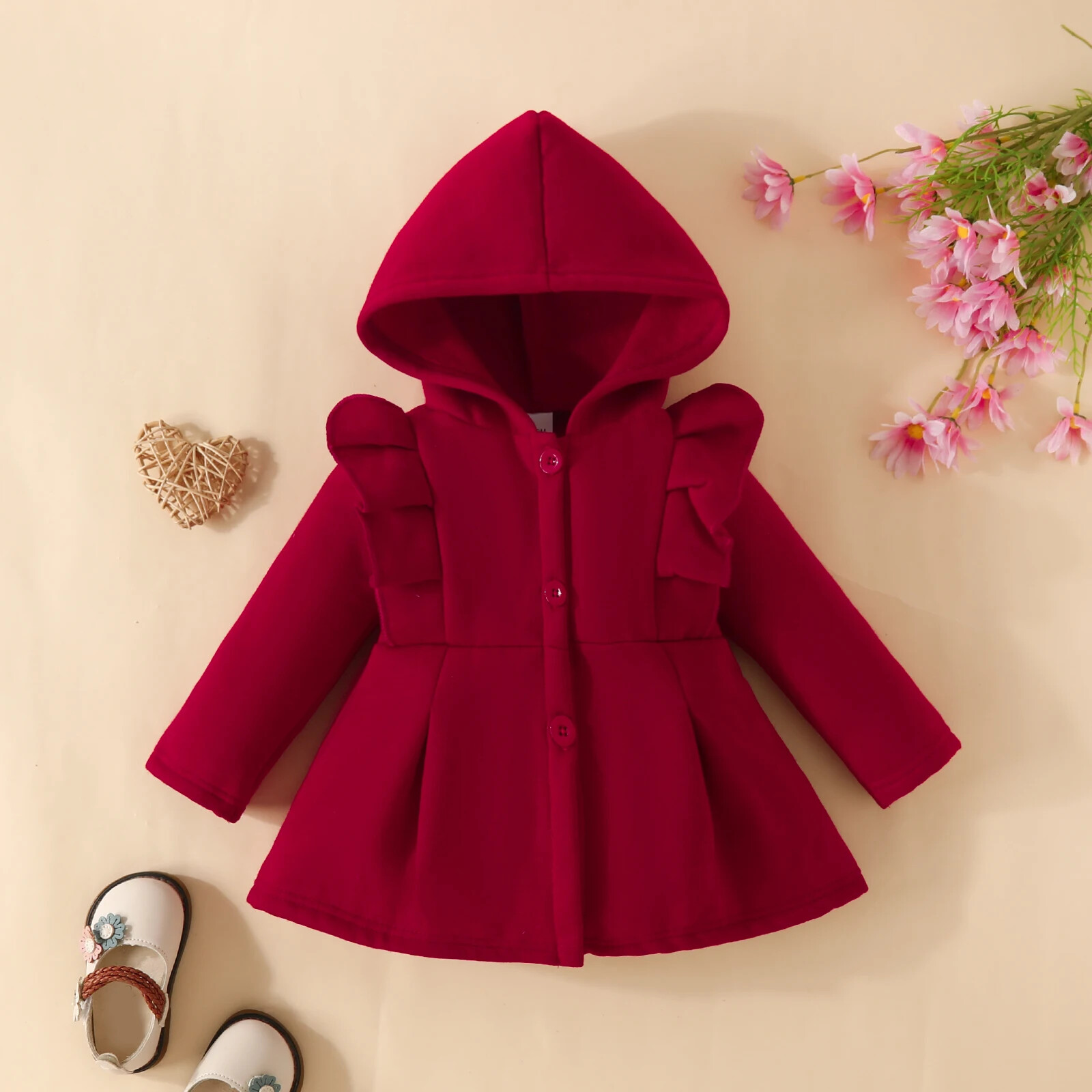 Baby Ruffled Long Sleeve Fleece Hooded Single Breasted CoatKids Clothes Autumn