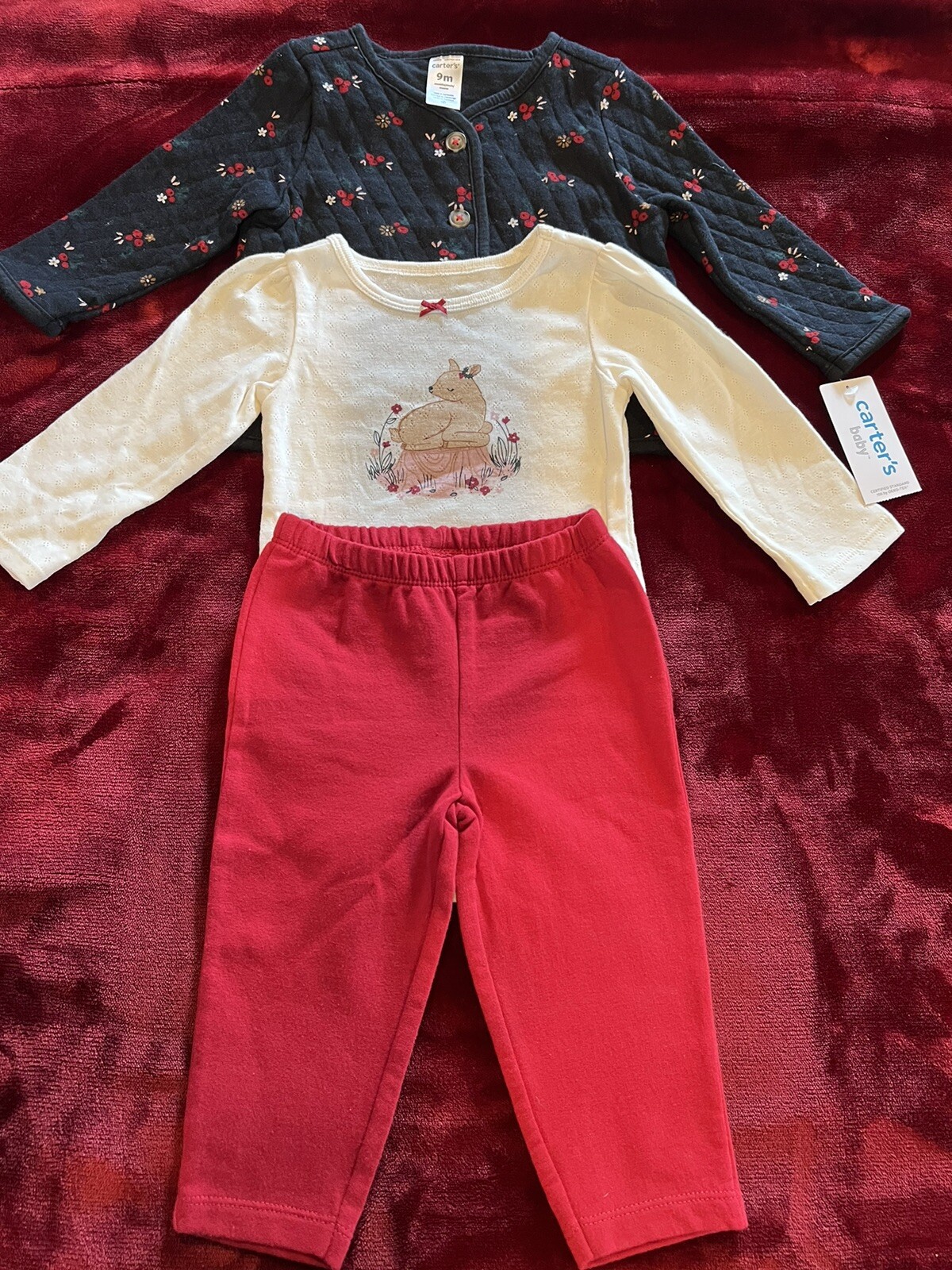 “CARTERS” NEW Christmas Baby Girl 3 Piece Outfit Black/Red/Beige Size 9 Months