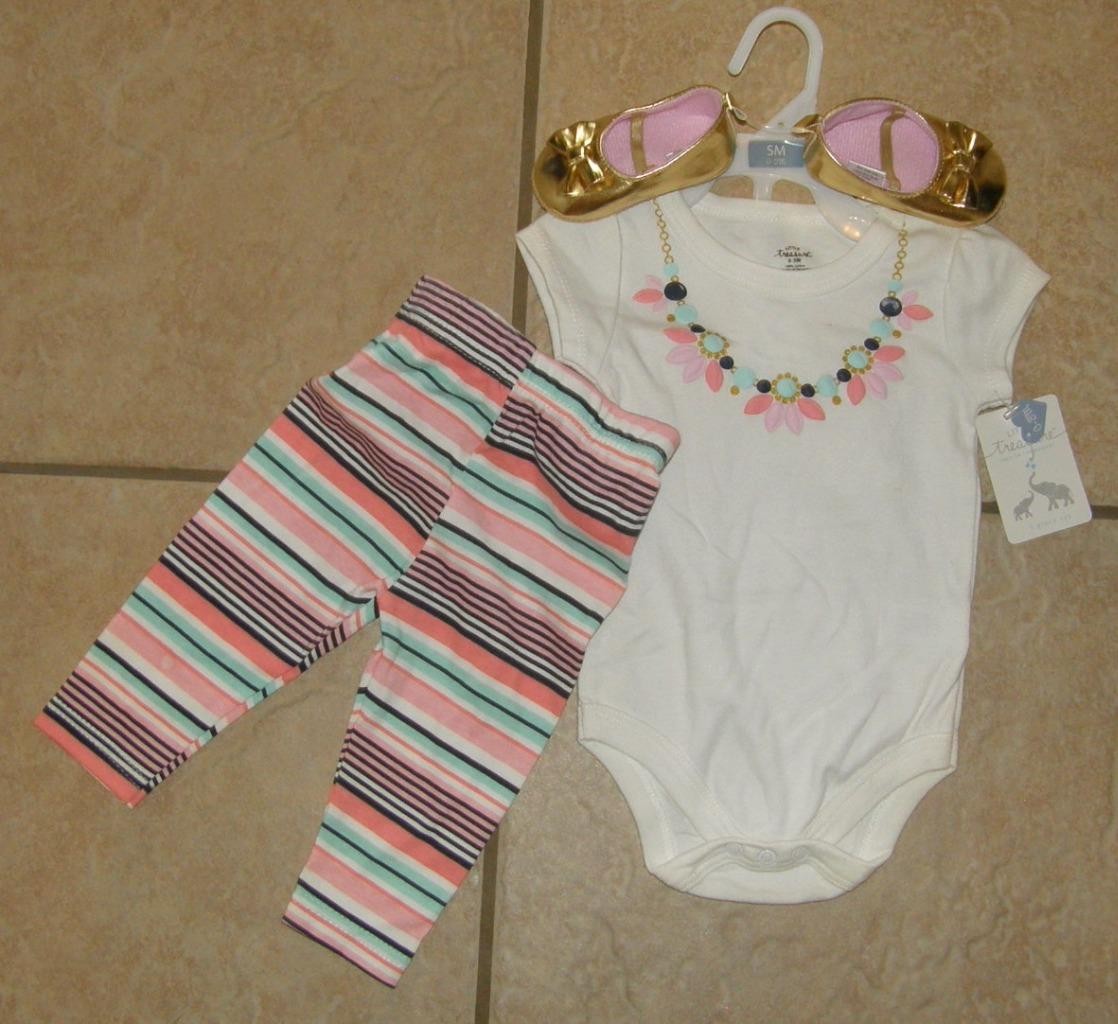 NEW NWT Girls Sz 0-3 Months Pants, Bodysuit & Shiny Gold Shoes 3 Pc Outfit Set