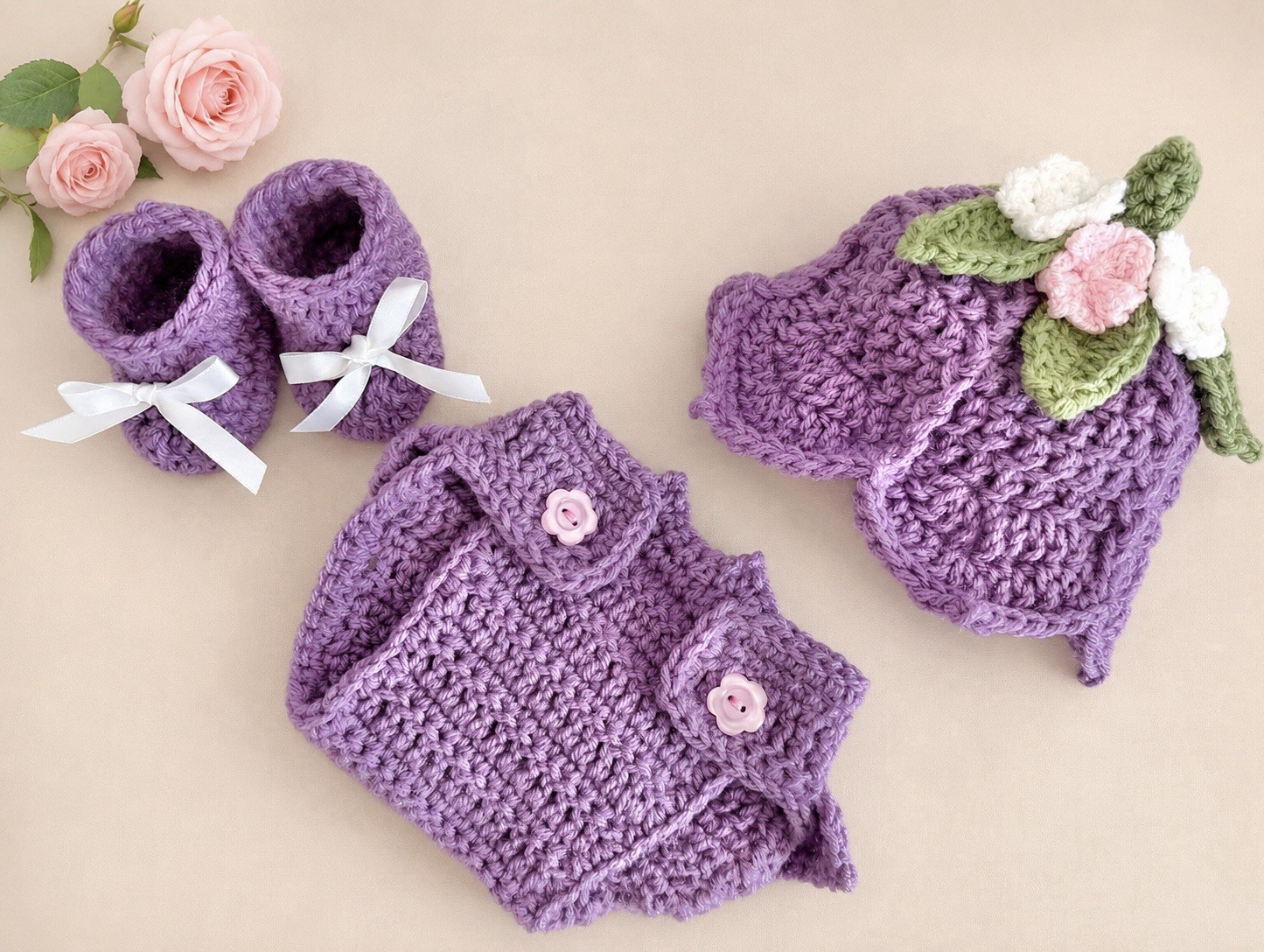Handmade Crochet pink bunny snuggler with newborn fairy diaper cover outfit set
