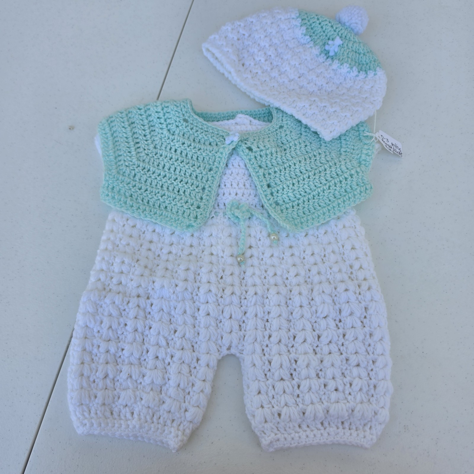 Hand Crocheted Baby Outfit 0-3 Months Romper, Cardigan, & Hat Mint Green & White