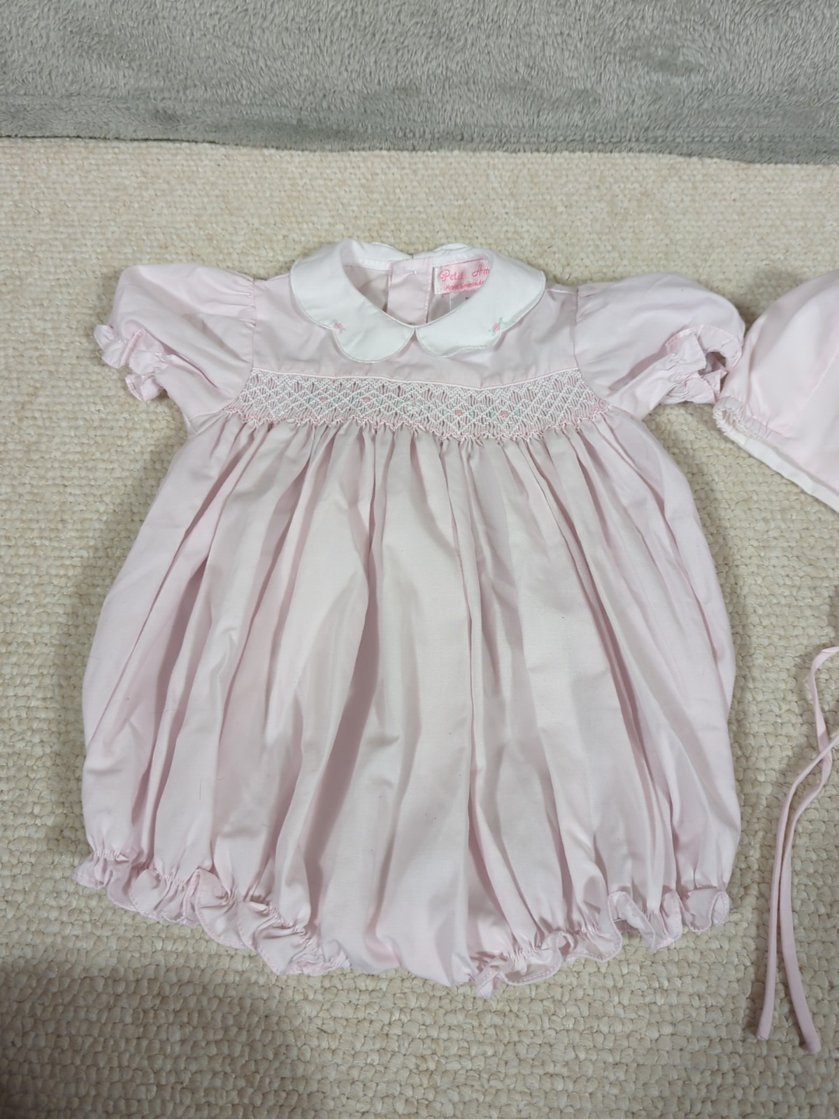 Petit Ami Pink Smocked Bubble romper and Bonnet Size 6 months