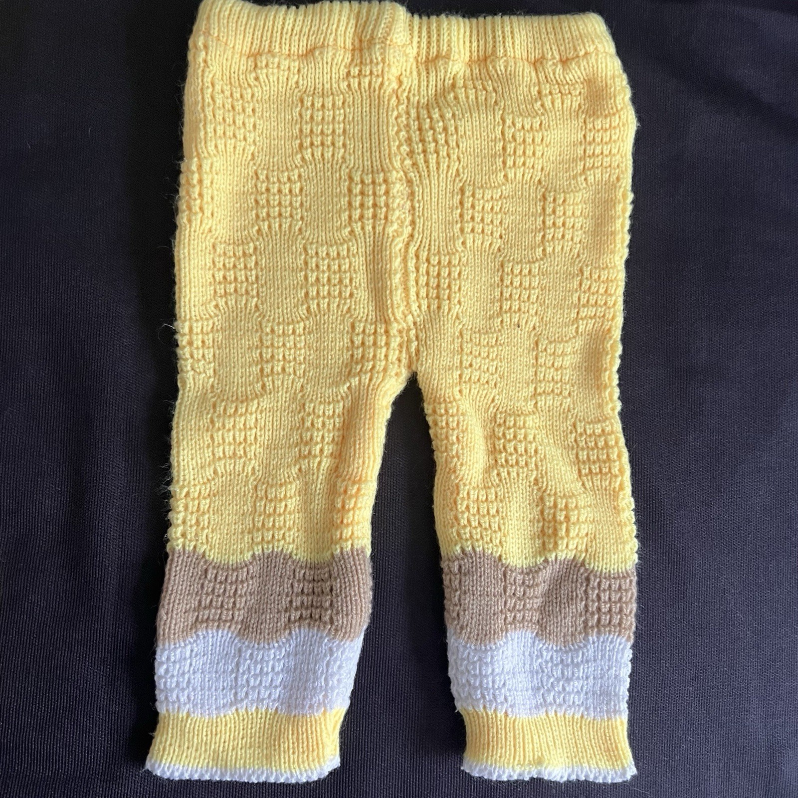 Vintage 70s Hand Knit Crochet Baby Set Dress Pants Booties Yellow Brown 6-12 Mth