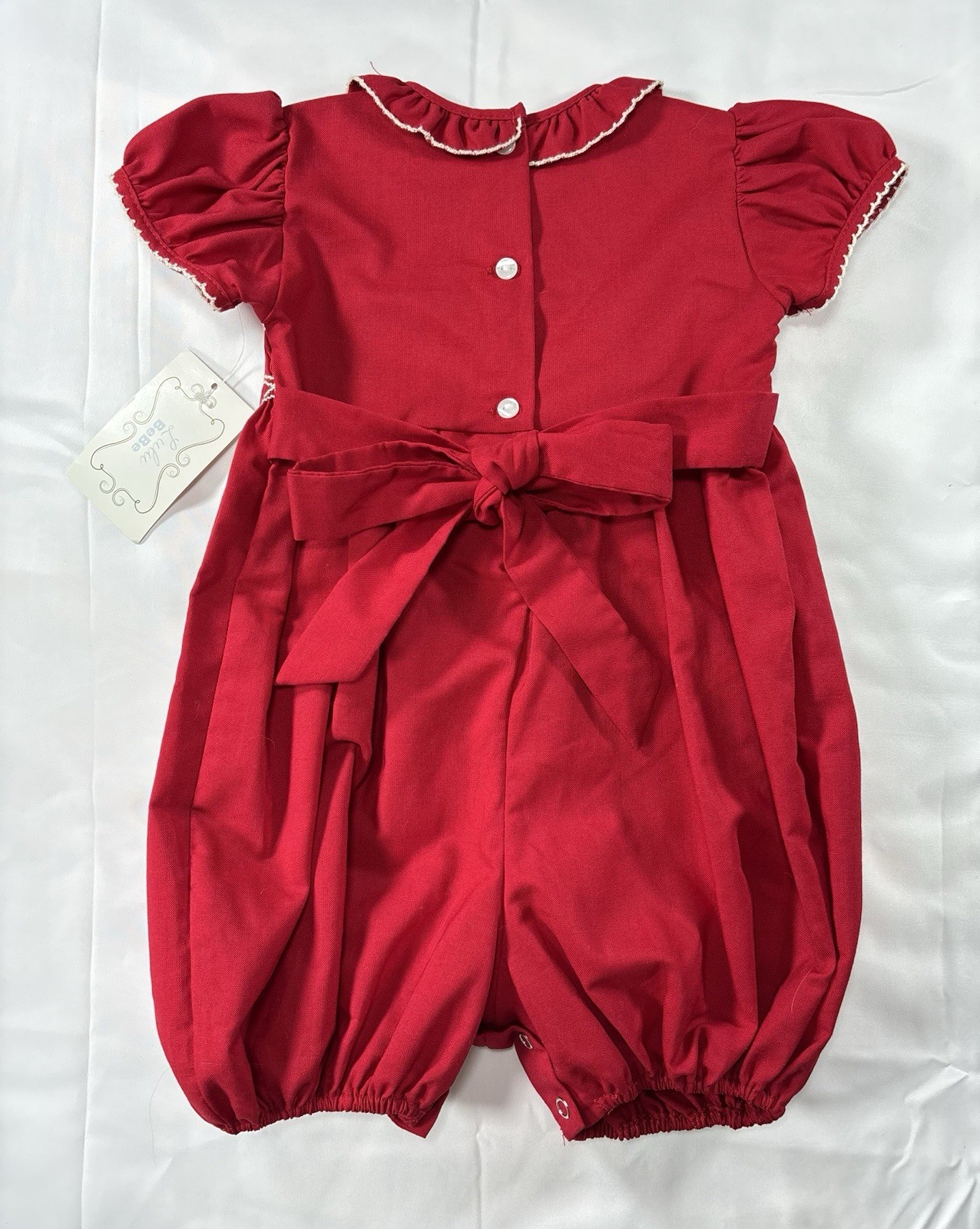 Lulu Bebe Red Smocked Romper 18M Girls Short Sleeve Embroidered Bow Button