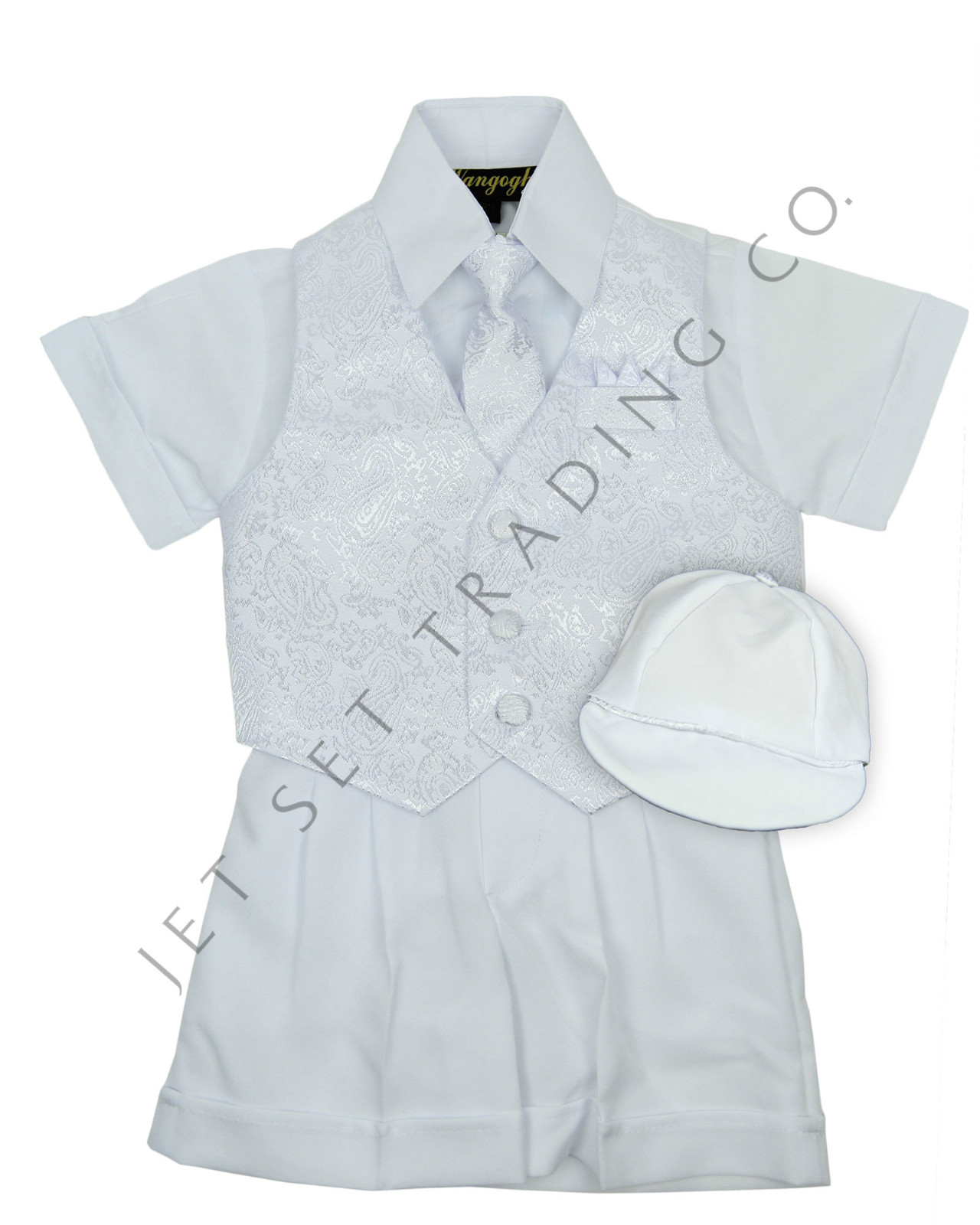 INFANT WHITE CHRISTENING SET 502- 5 PCS VEST SHIRT PANT HAT & TIE 3M-24M