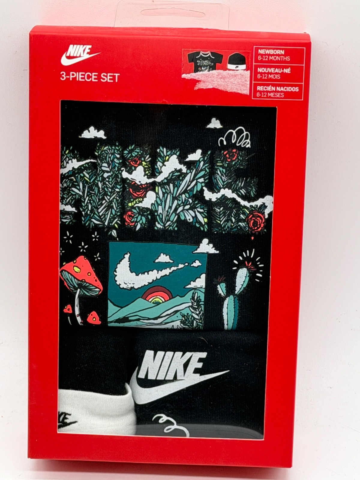 NEW IN BOX NIKE 3 PIECE PACK INFANT BODYSUIT/HAT/BIB SET SIZE 6-12 MONTHS