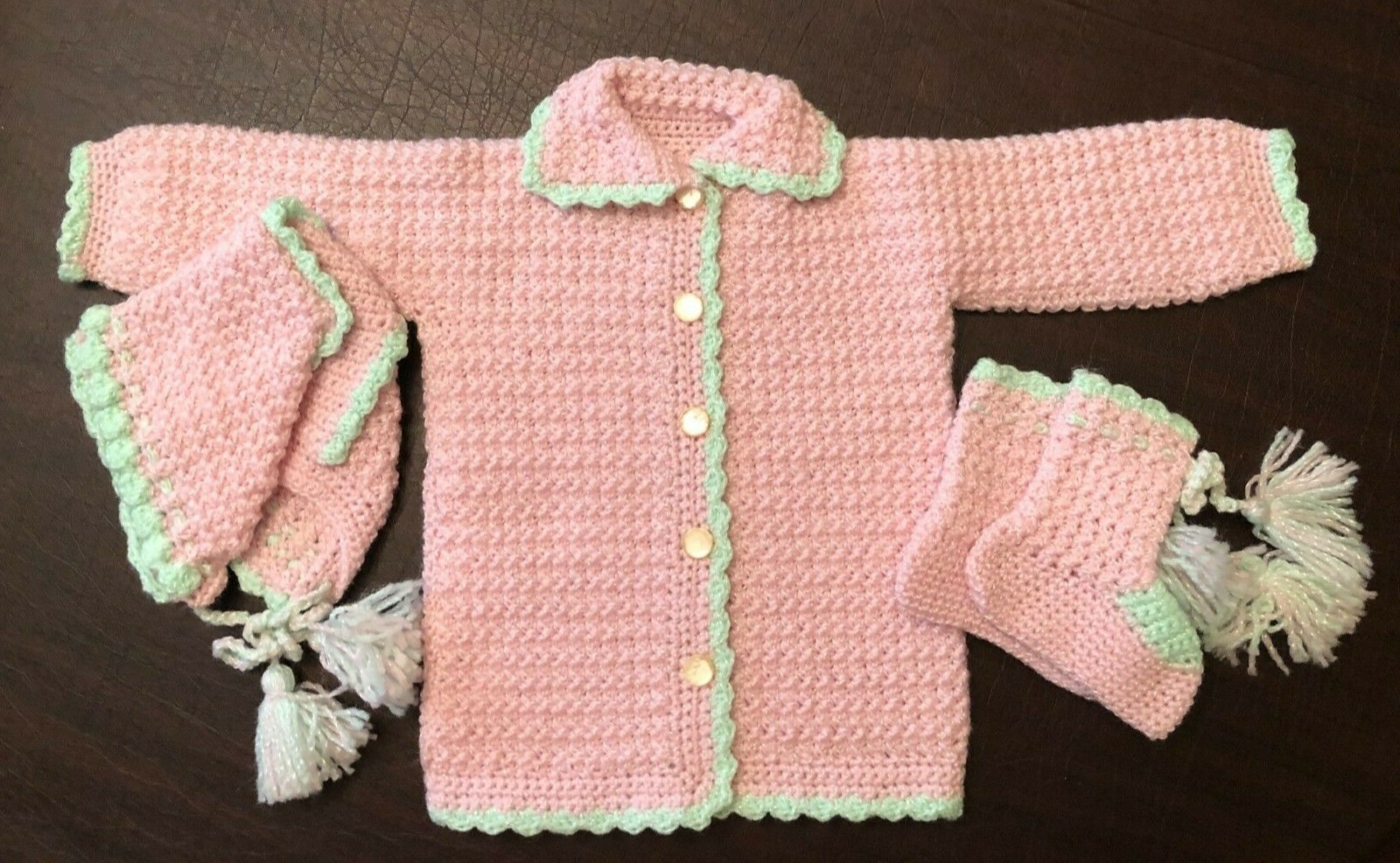 New Handmade Crochet Infant (0-3m) Baby Set- Pink & Green Sweater Hat & Booties 