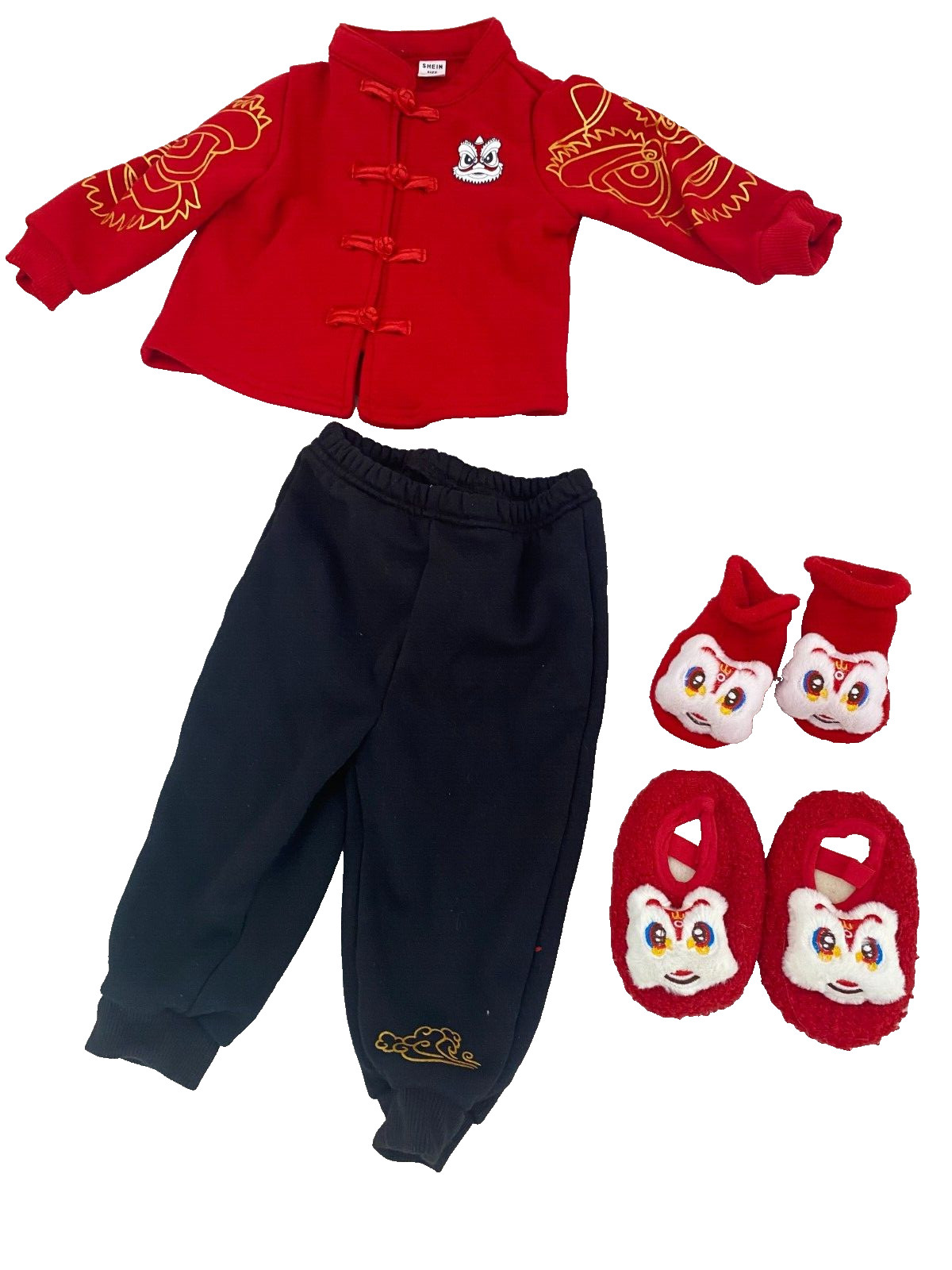 SHEIN BABY LUNAR FESTIVAL LION BOY RED BLACK 2 PC SET WITH SOCKS SHOES 9-12M