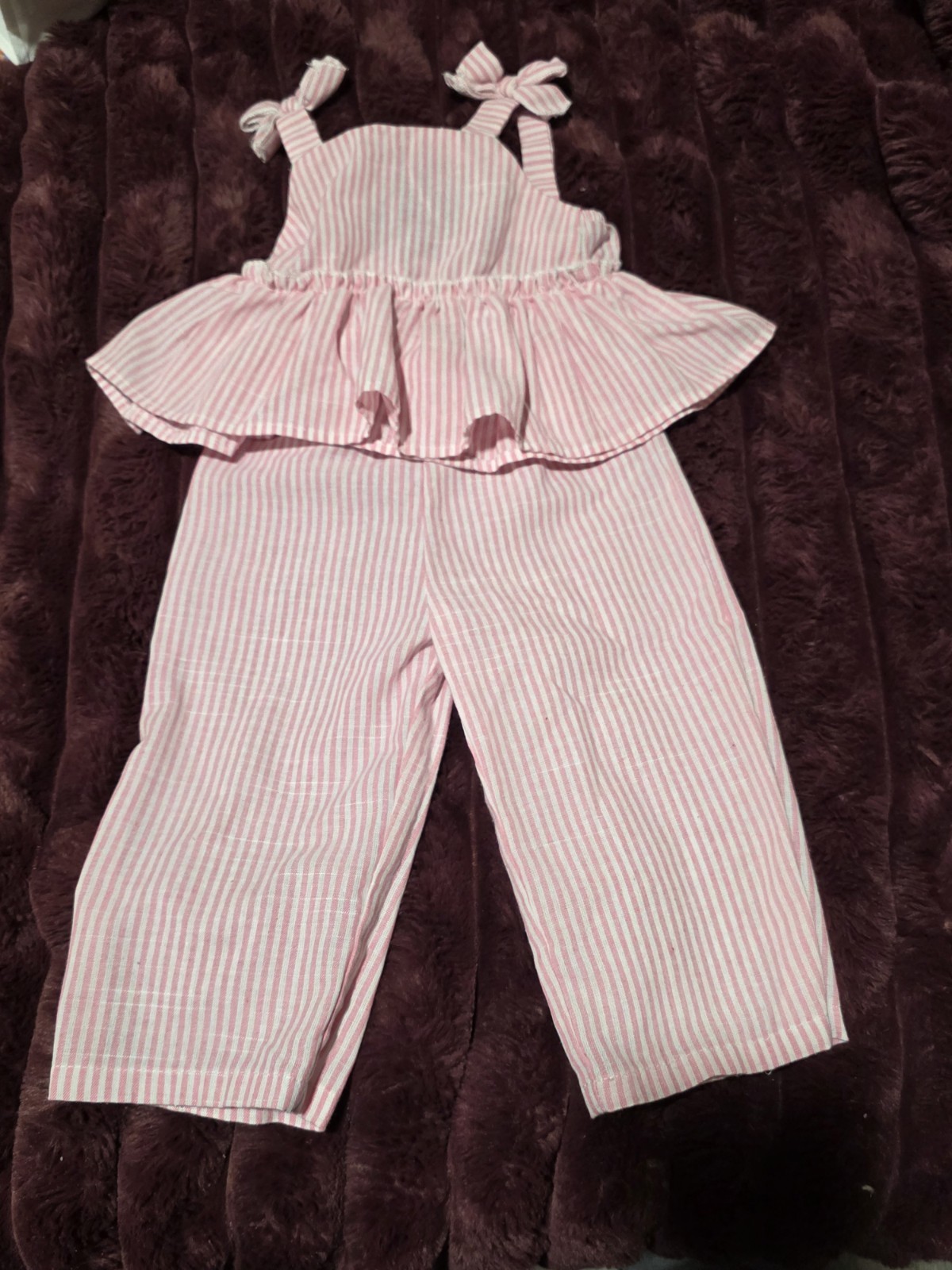 SHEIN Pink White Striped 2-Piece Sleeveless Bow Ruffle Top & Pants Set 9-12M