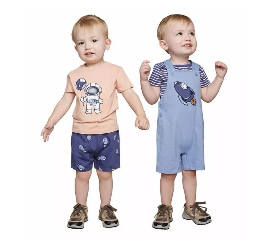 NEW 4-Piece Pekkle Overall & Short Set Outfit, Rocket + Astronaut, Boys 6 months