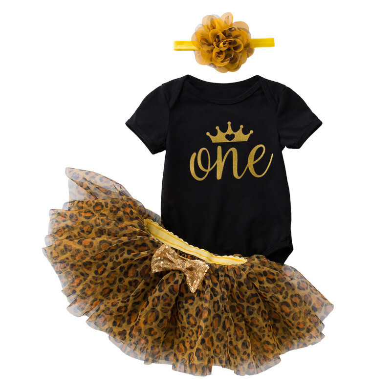 1st St Birthday Baby Girls Bodysuit leopard Tutu Skirt & headband Outfit Set