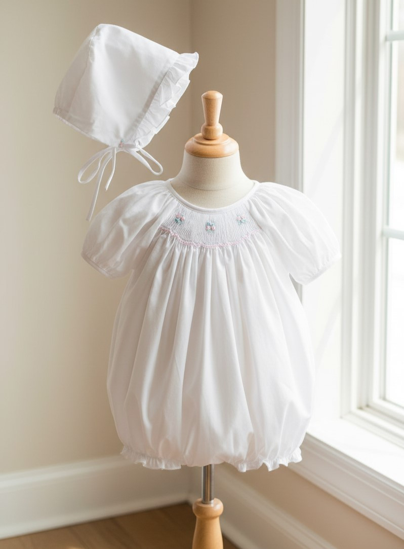 NWT Petit Ami White Smocked 2pc Bubble Romper 3 Months Bonnet Baby Girls Bonnet