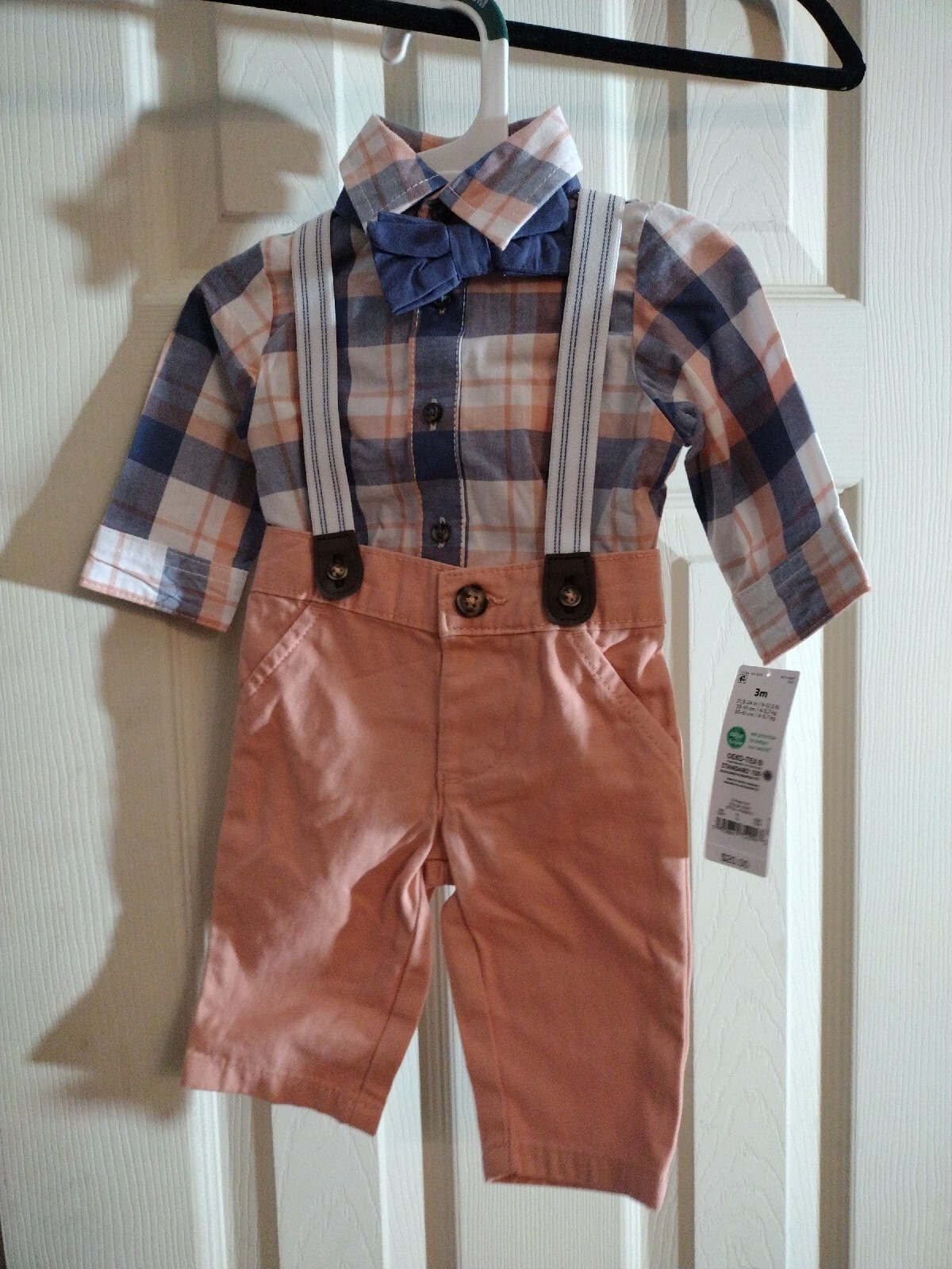 Carters Boy Just One You 3 Piece Set 6m Shirt Bow Tie Pants Suspenders Peach