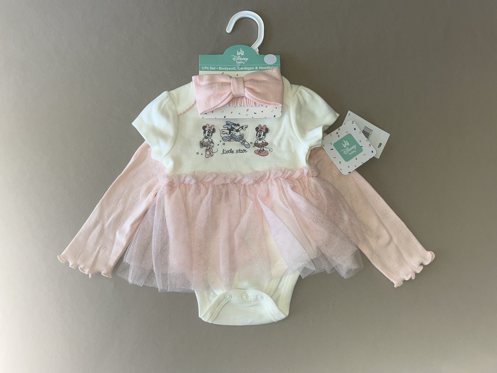 Disney Baby Girls Minnie Mouse Newborn Short Sleeve Bodysuit, Cardigan & Bow-New