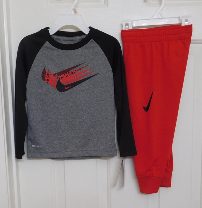 NWT 2pc Nike Black Gray Red Swoosh Logo Long Sleeve Shirt & Red Joggers sz 2t