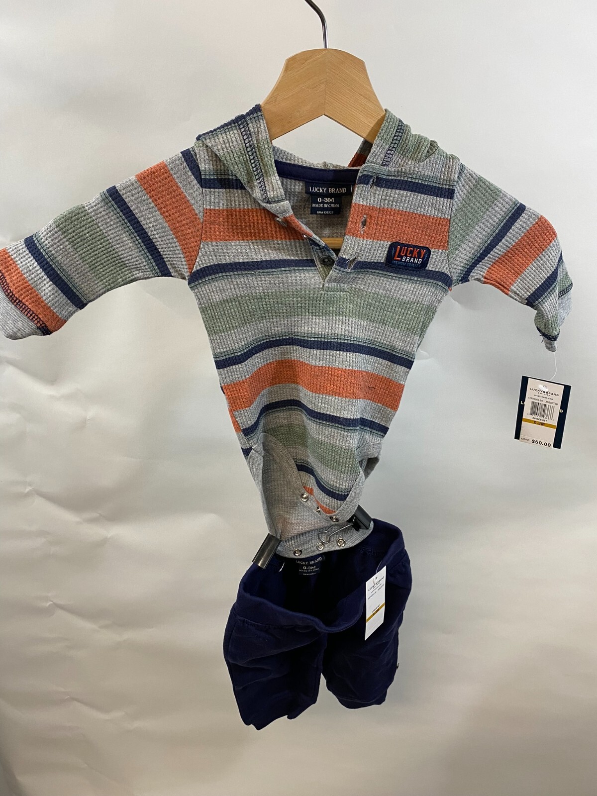 Authentic Lucky Brand 2pc boys Striped bodysuit with blue leggings NWT 0-3M