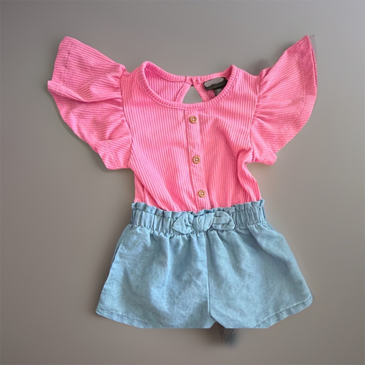 Picapino Girls Pink Ribbed Ruffle Top & Blue Shorts Set 18M one piece