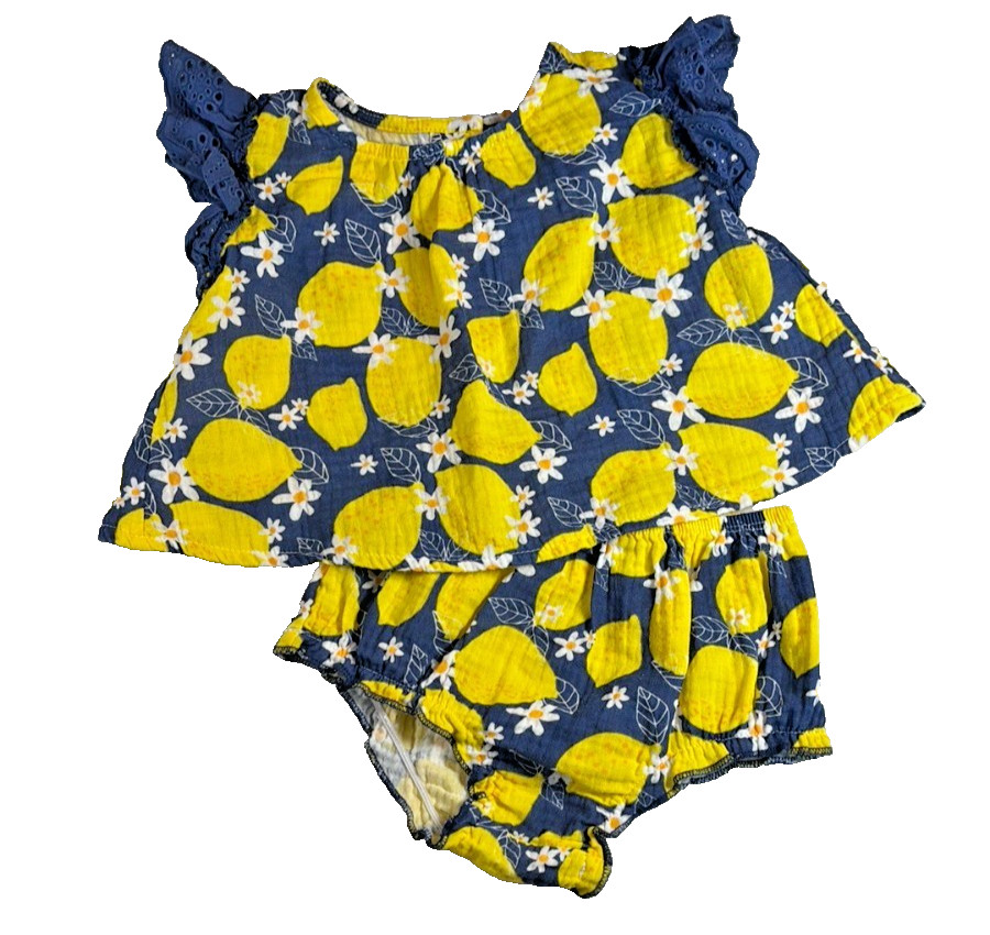 Mud Pie Baby Girl Lemon Pinafore Bloomer Set 9-12M Muslin