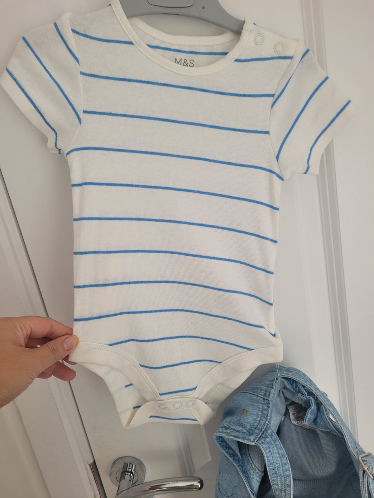 New M&S White Blue Striped T-shirt Denim Printed Dungarees Outfit Set 18-24M